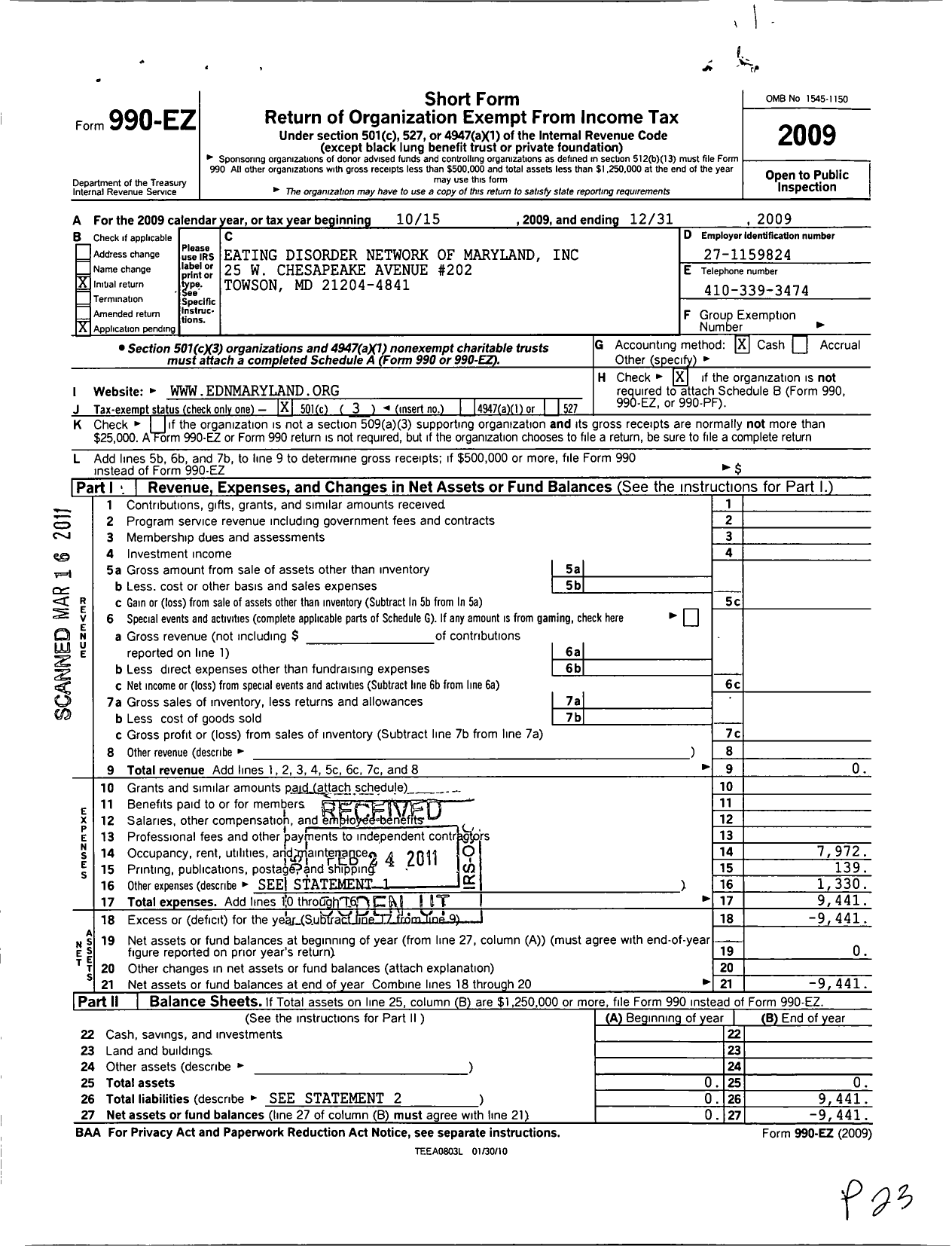 Image of first page of 2009 Form 990EZ for Eating Disorder Network of Maryland