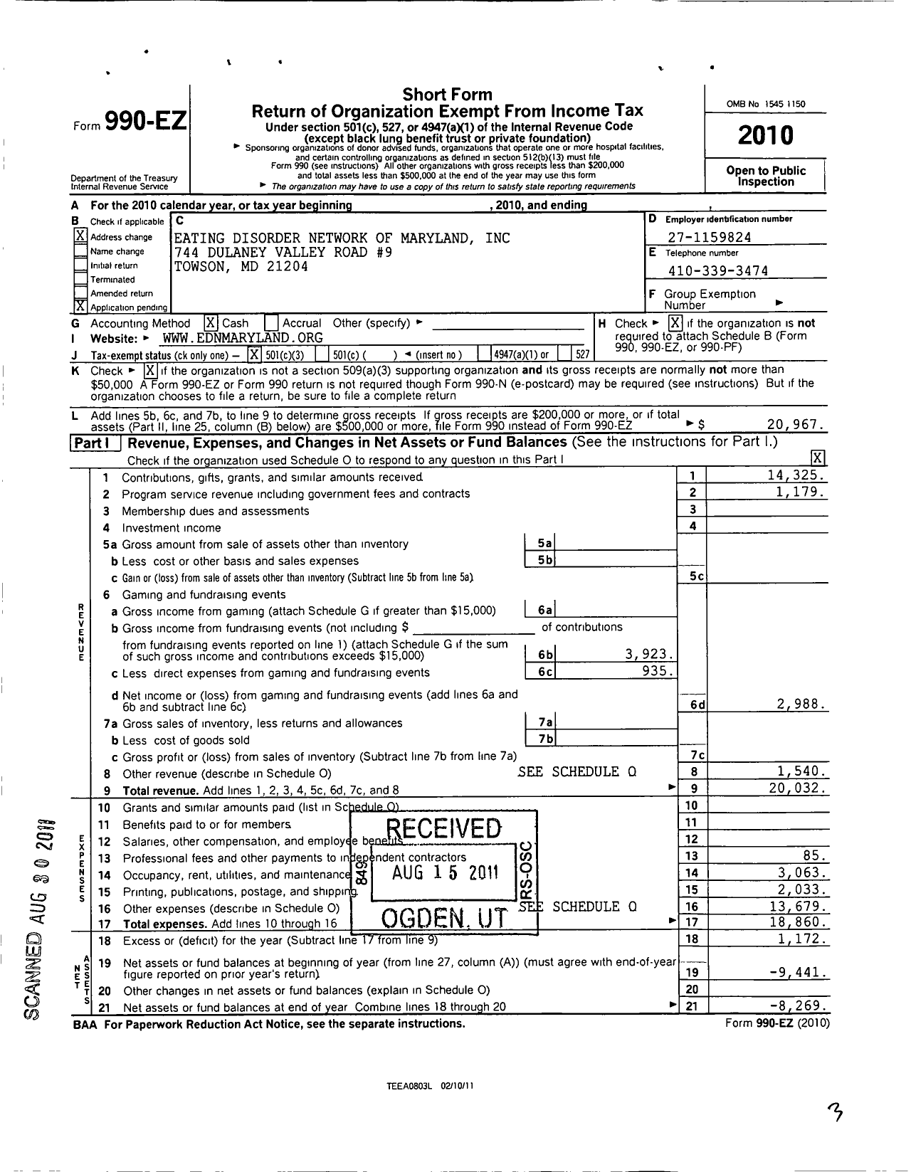 Image of first page of 2010 Form 990EZ for Eating Disorder Network of Maryland