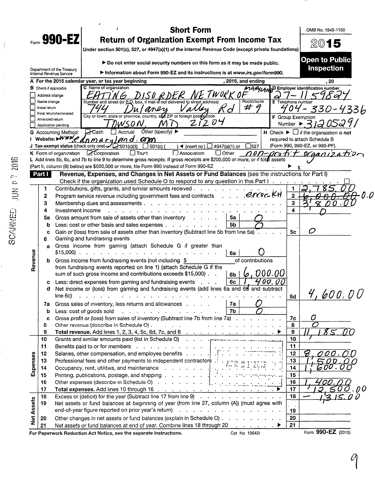 Image of first page of 2015 Form 990EZ for Eating Disorder Network of Maryland