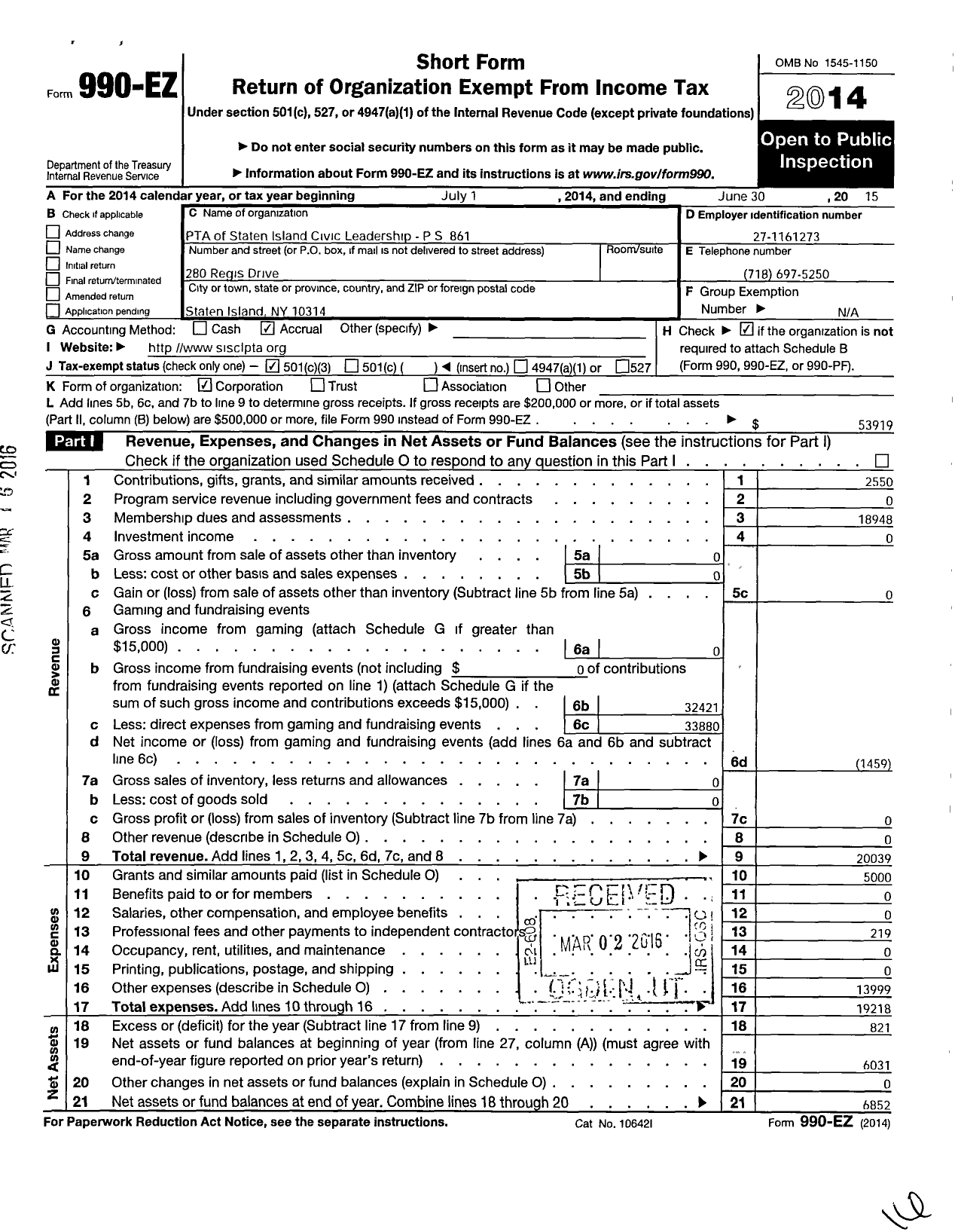 Image of first page of 2014 Form 990EZ for PTA of the Staten Island School of Civic Leadership