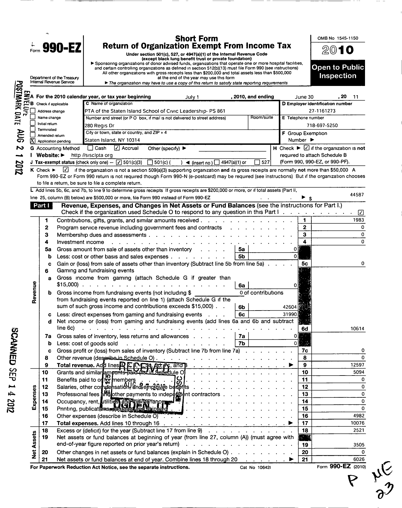 Image of first page of 2010 Form 990EZ for PTA of the Staten Island School of Civic Leadership