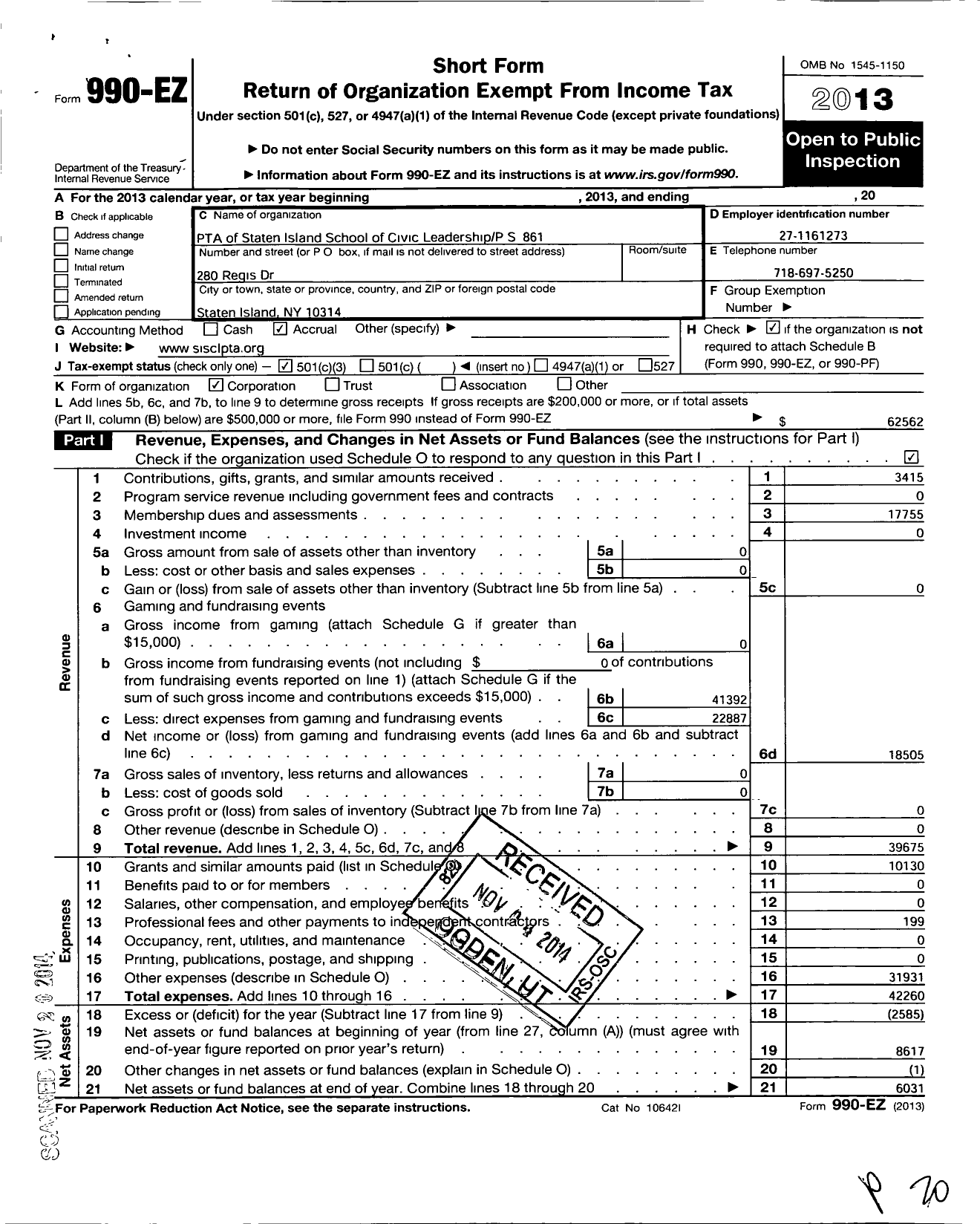 Image of first page of 2013 Form 990EZ for PTA of the Staten Island School of Civic Leadership