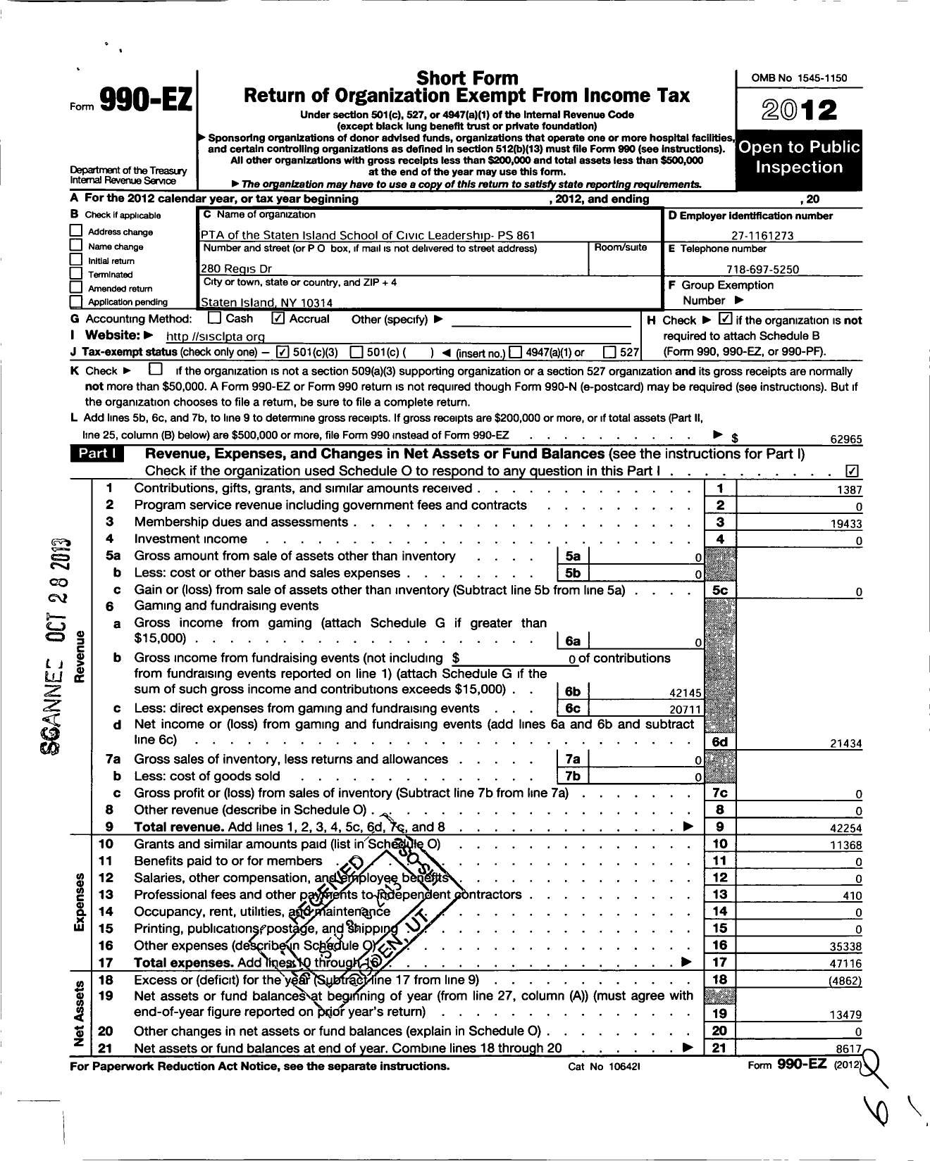 Image of first page of 2012 Form 990EZ for PTA of the Staten Island School of Civic Leadership