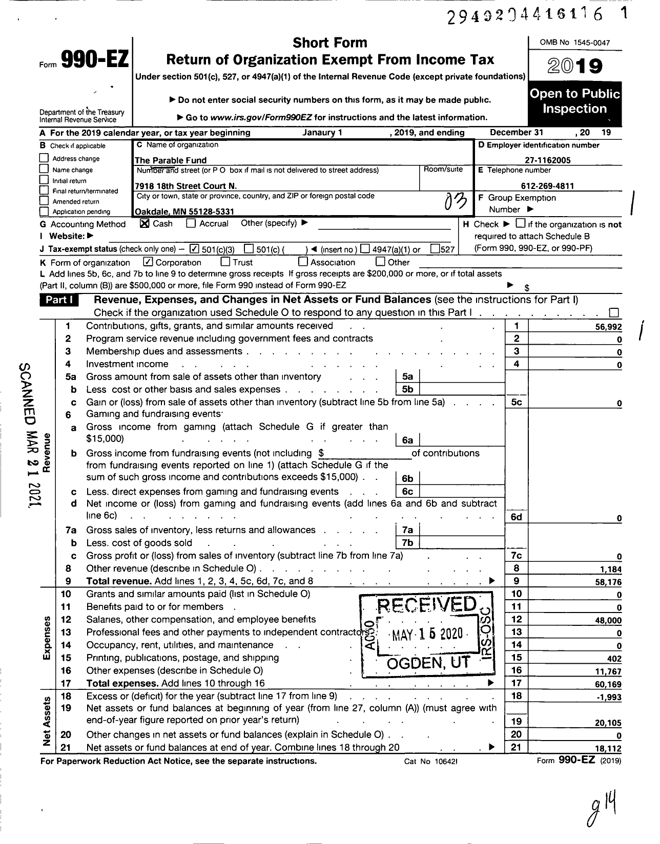 Image of first page of 2019 Form 990EZ for Parable Fund