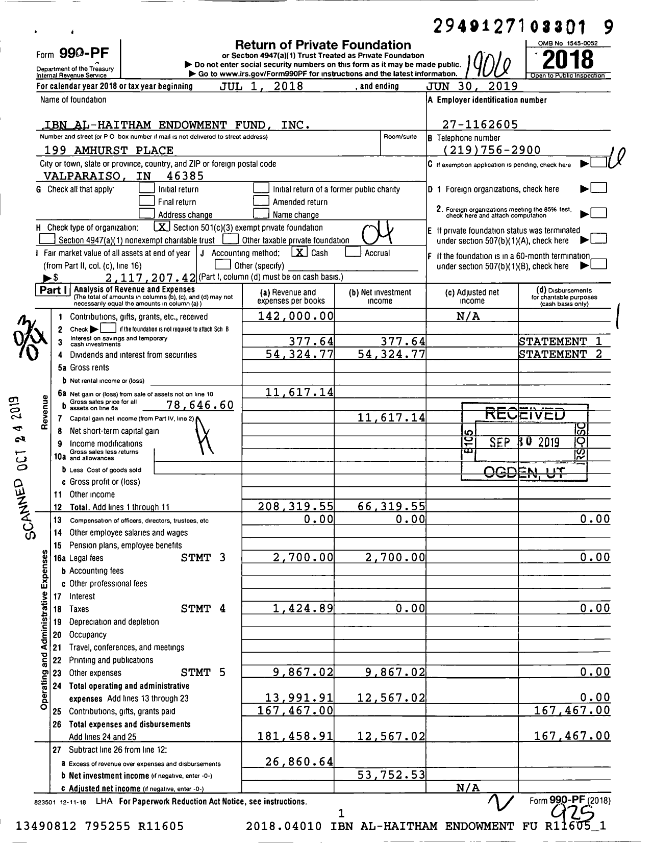 Image of first page of 2018 Form 990PF for Ibn Al-Haitham Endowment Fund