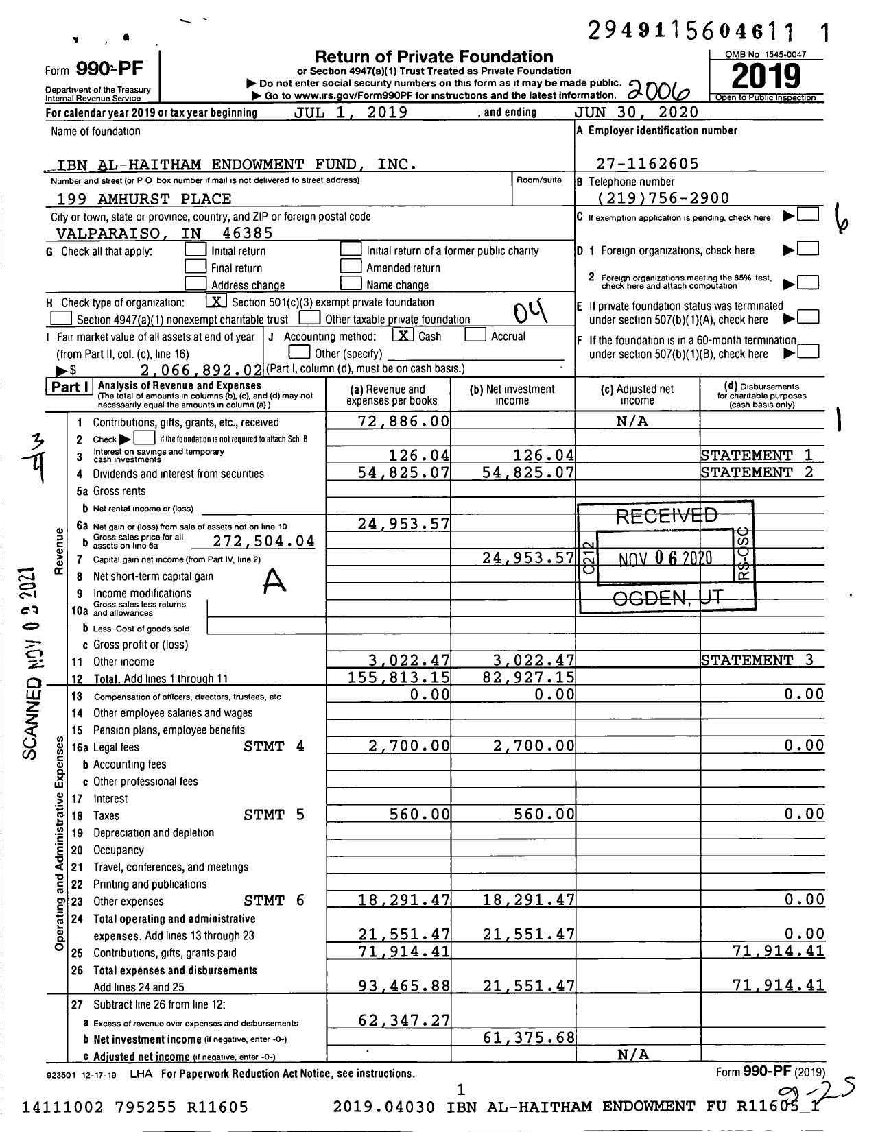 Image of first page of 2019 Form 990PF for Ibn Al-Haitham Endowment Fund