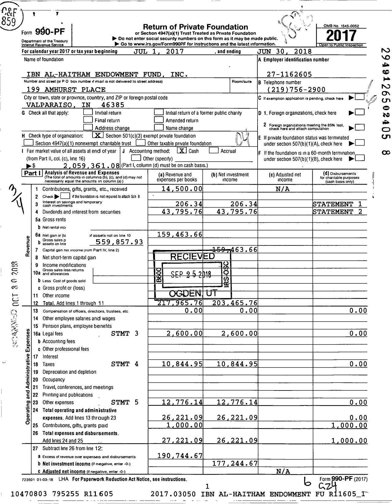 Image of first page of 2017 Form 990PF for Ibn Al-Haitham Endowment Fund