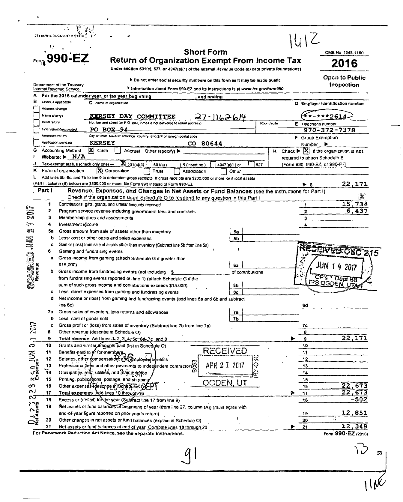 Image of first page of 2016 Form 990EZ for Kersey Day Committee