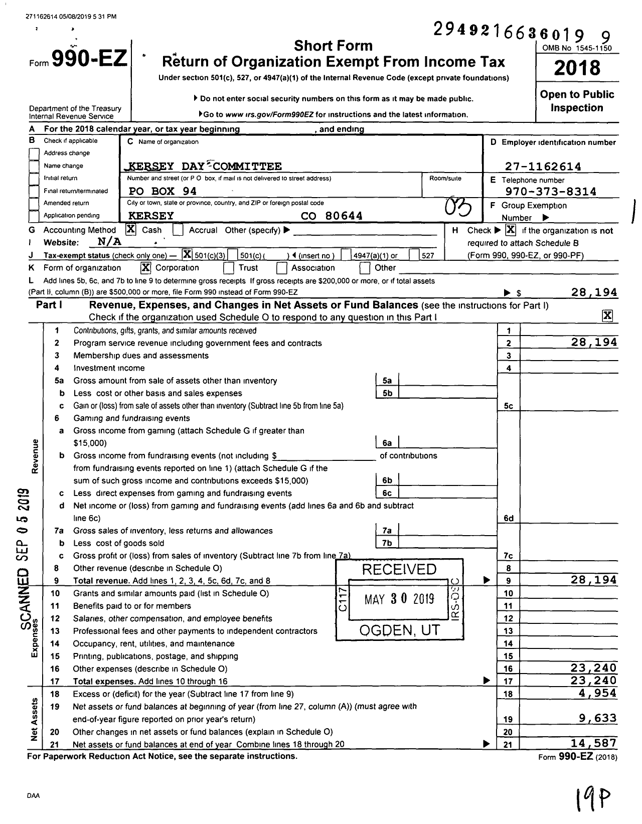 Image of first page of 2018 Form 990EZ for Kersey Day Committee