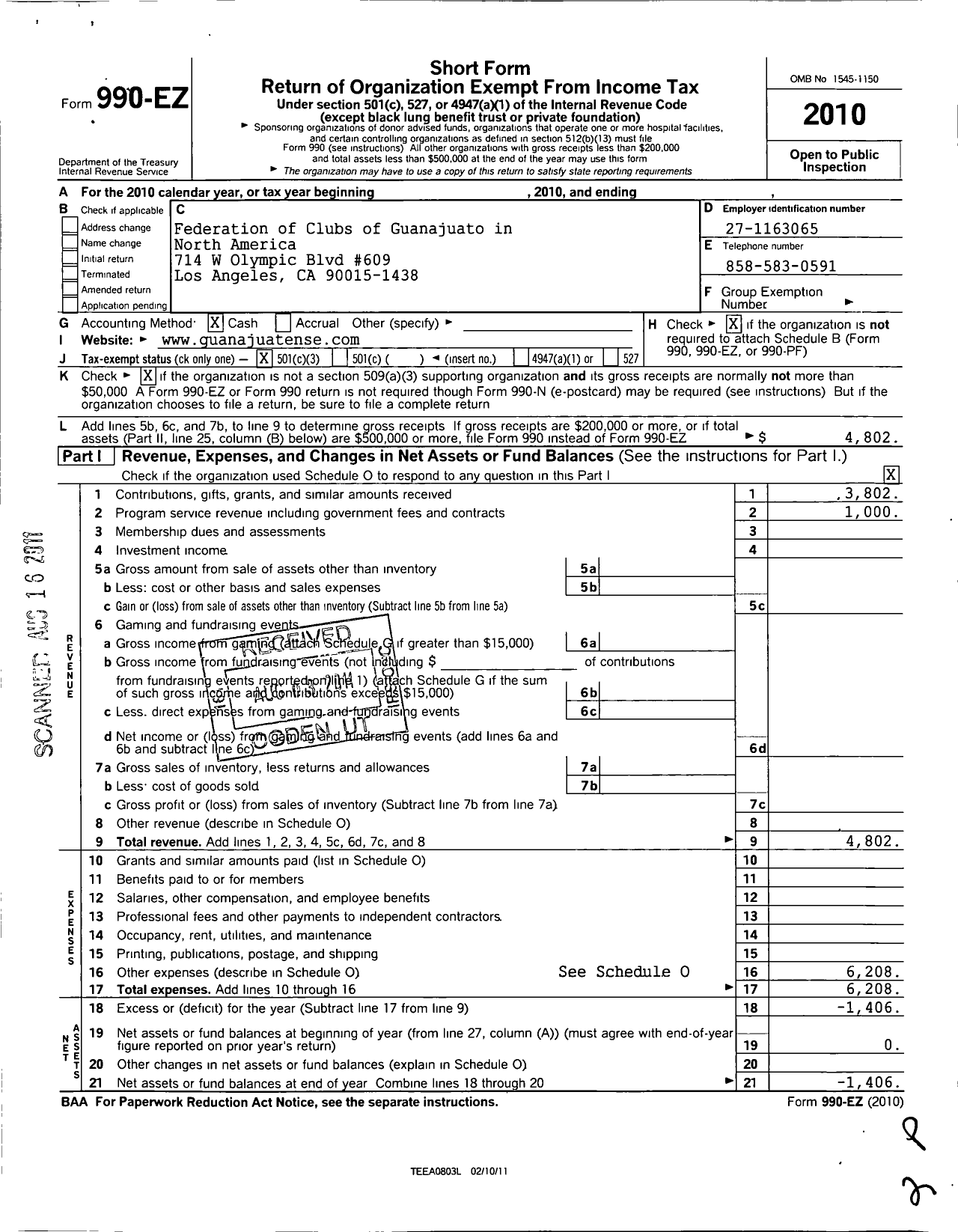 Image of first page of 2010 Form 990EZ for Federation of Clubs of Guanajuato in North America