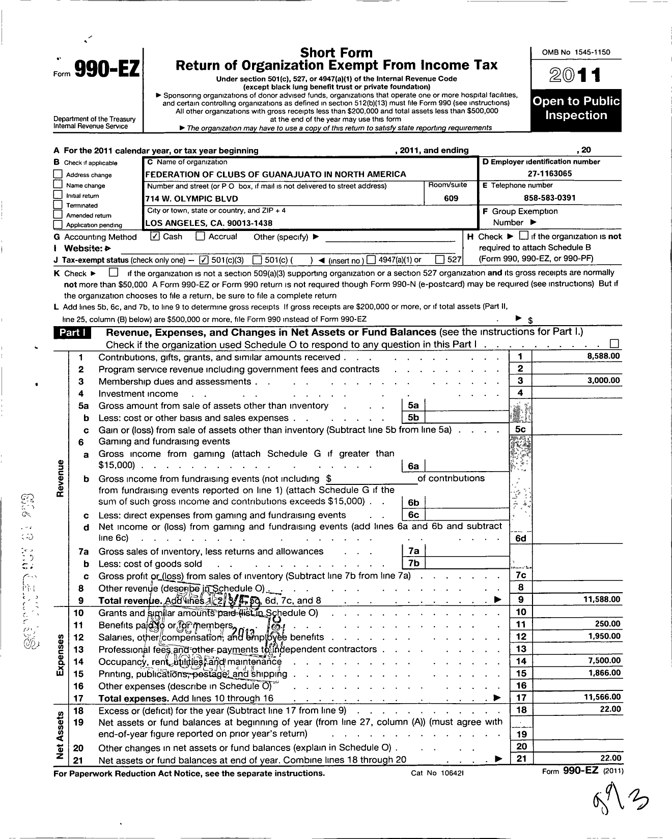 Image of first page of 2011 Form 990EZ for Federation of Clubs of Guanajuato in North America