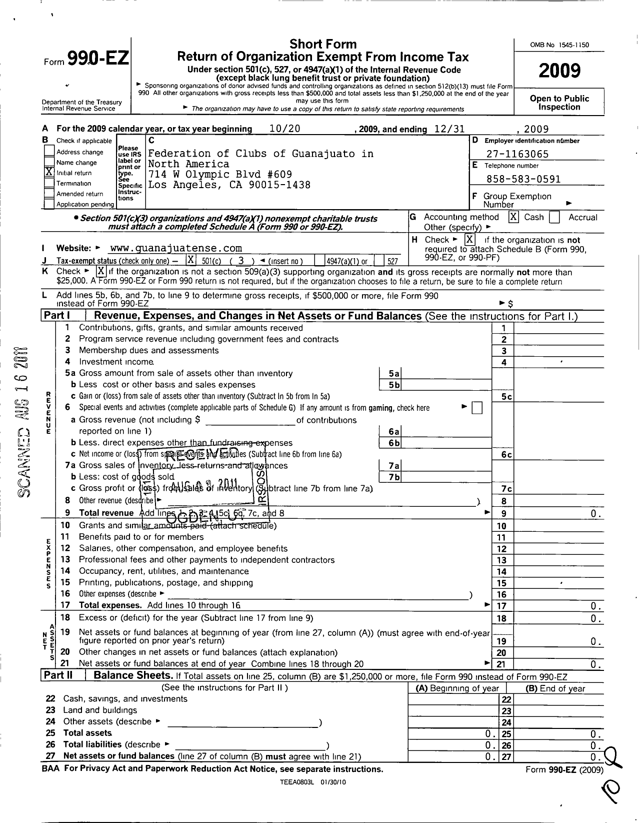 Image of first page of 2009 Form 990EZ for Federation of Clubs of Guanajuato in North America