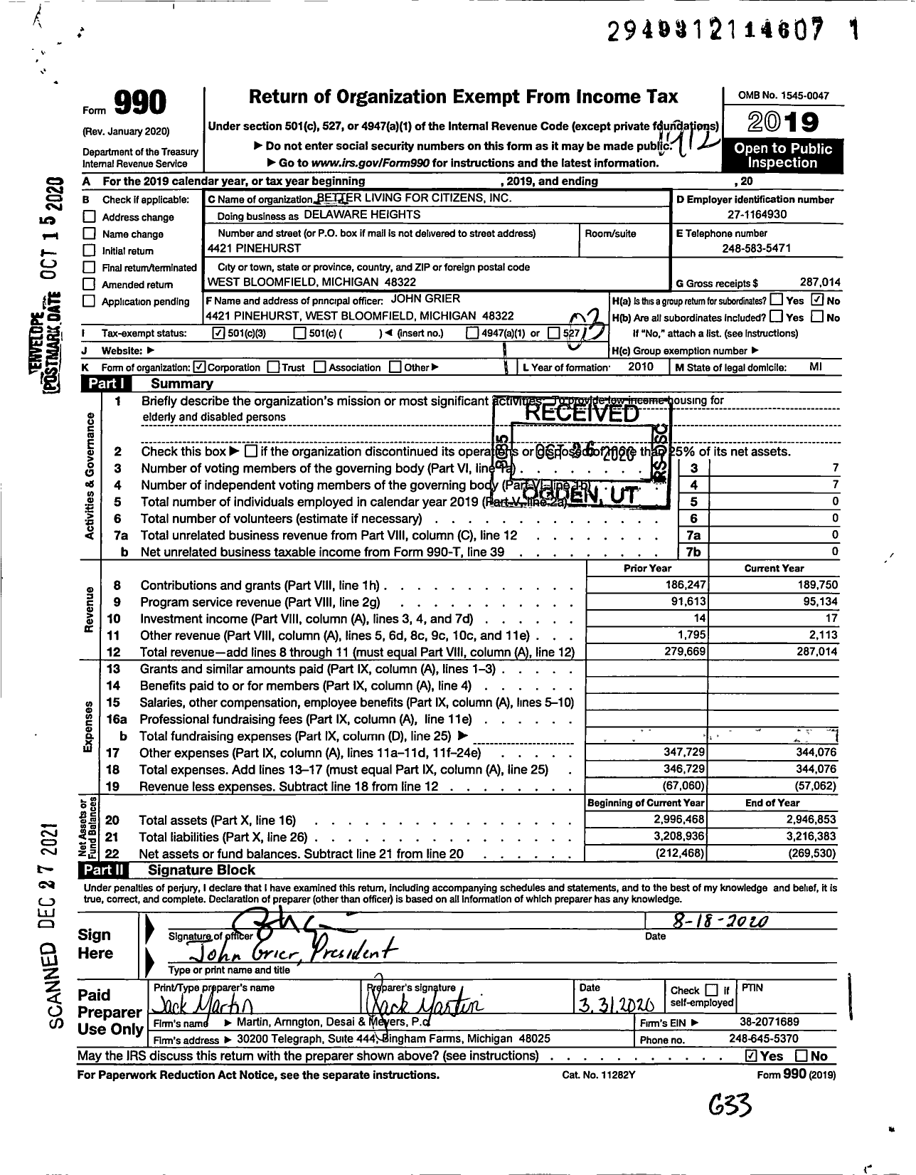 Image of first page of 2019 Form 990 for Better Living for Citizens