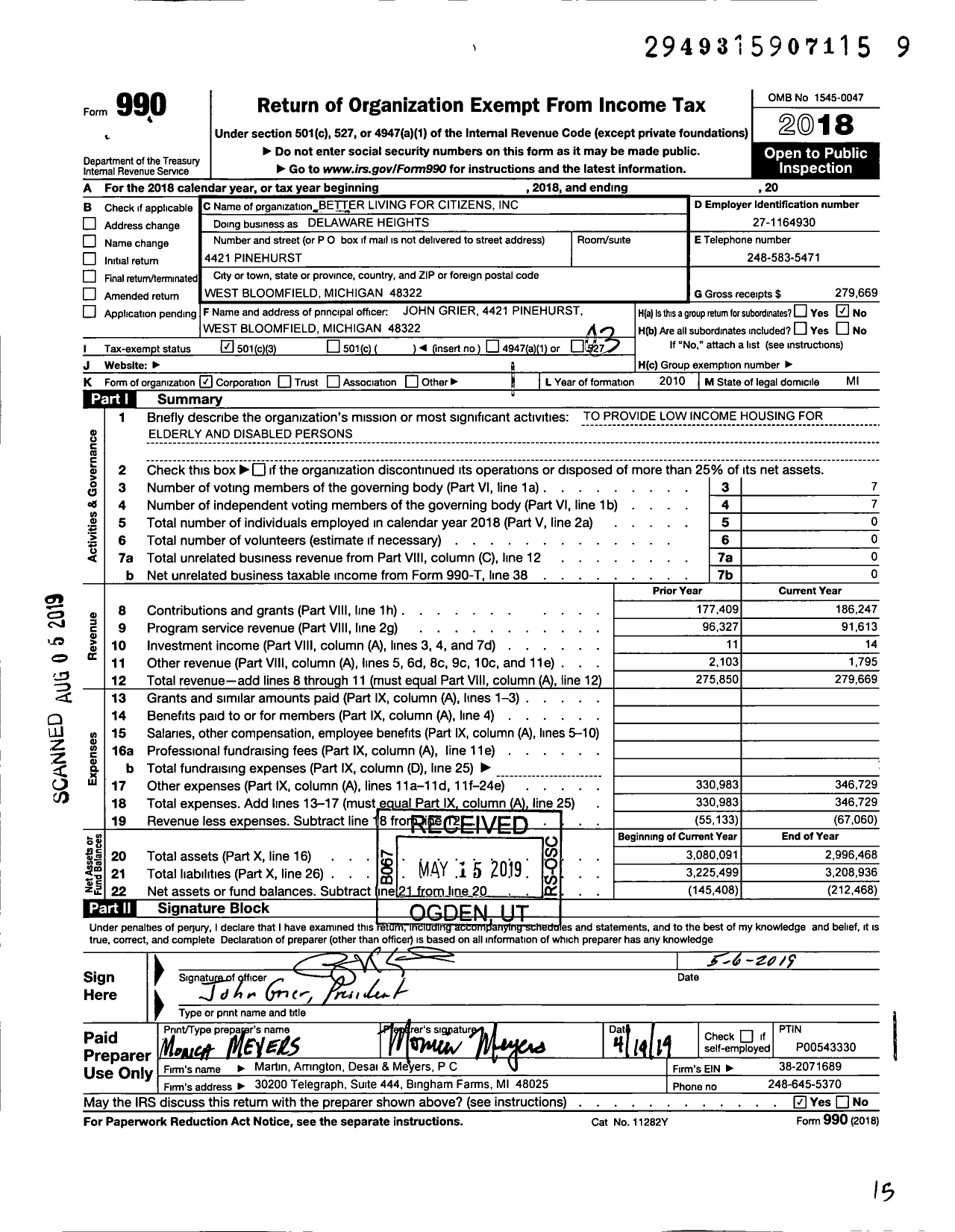 Image of first page of 2018 Form 990 for Better Living for Citizens