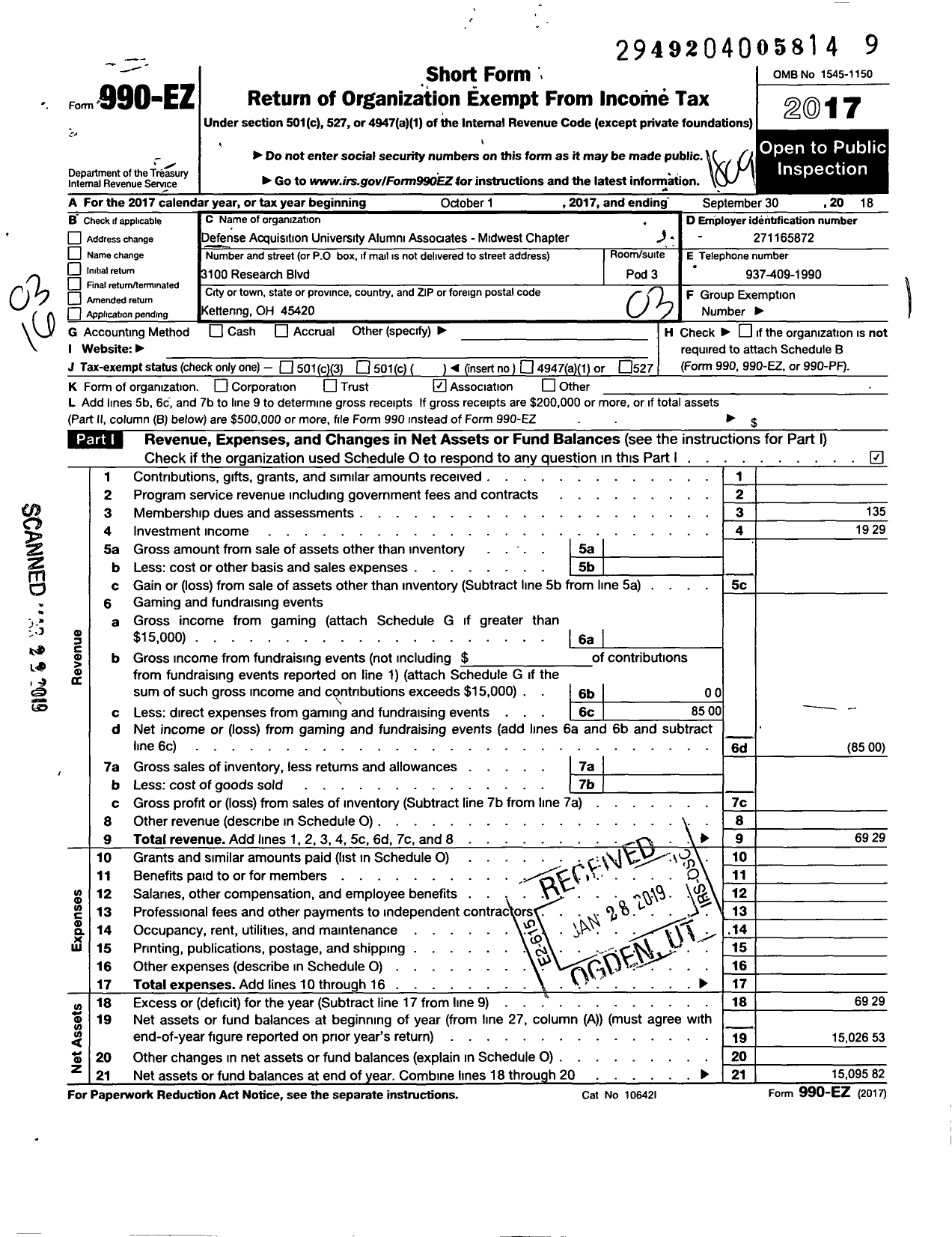 Image of first page of 2017 Form 990EZ for Defense Acquisition University Alumni Association / Mid West Chapter