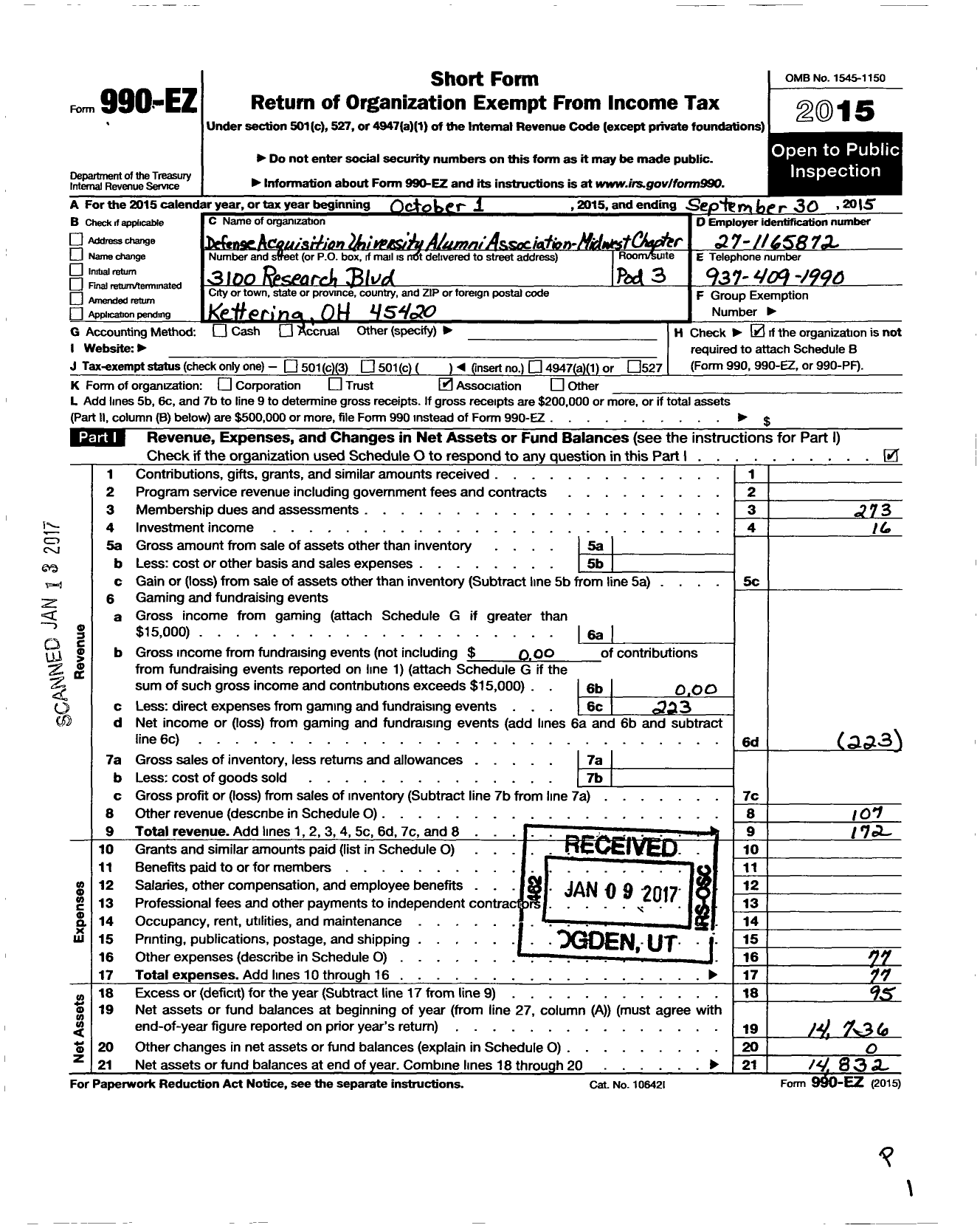 Image of first page of 2014 Form 990EO for Defense Acquisition University Alumni Association / Mid West Chapter