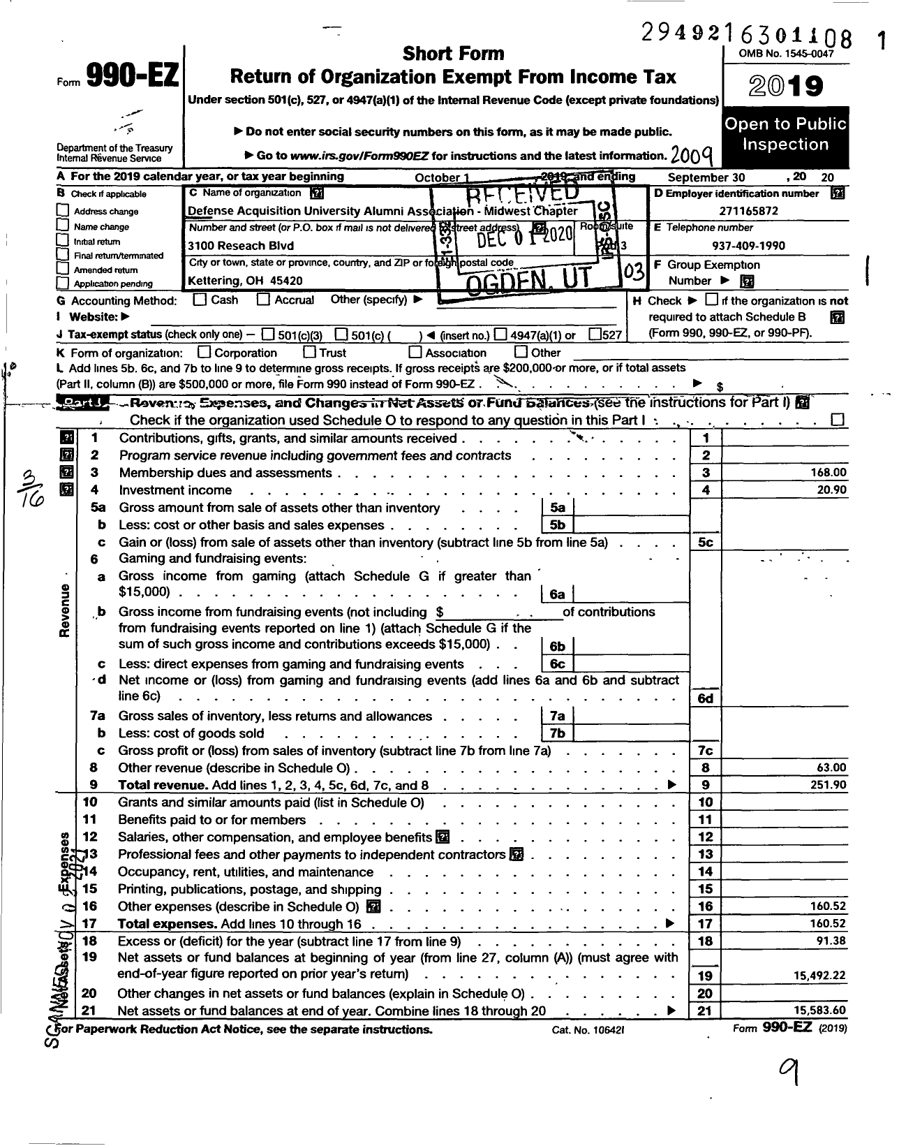 Image of first page of 2019 Form 990EZ for Defense Acquisition University Alumni Association / Mid West Chapter