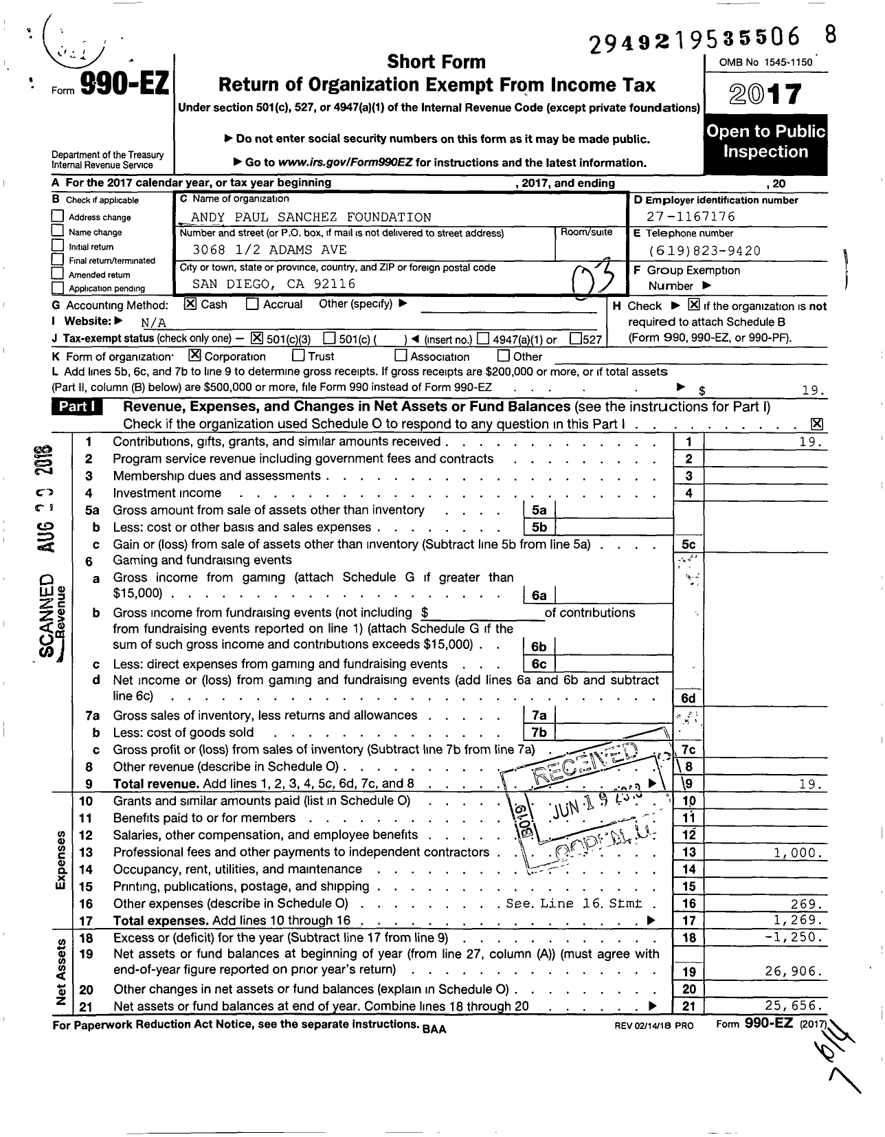 Image of first page of 2017 Form 990EZ for Andy Paul Sanchez Foundation