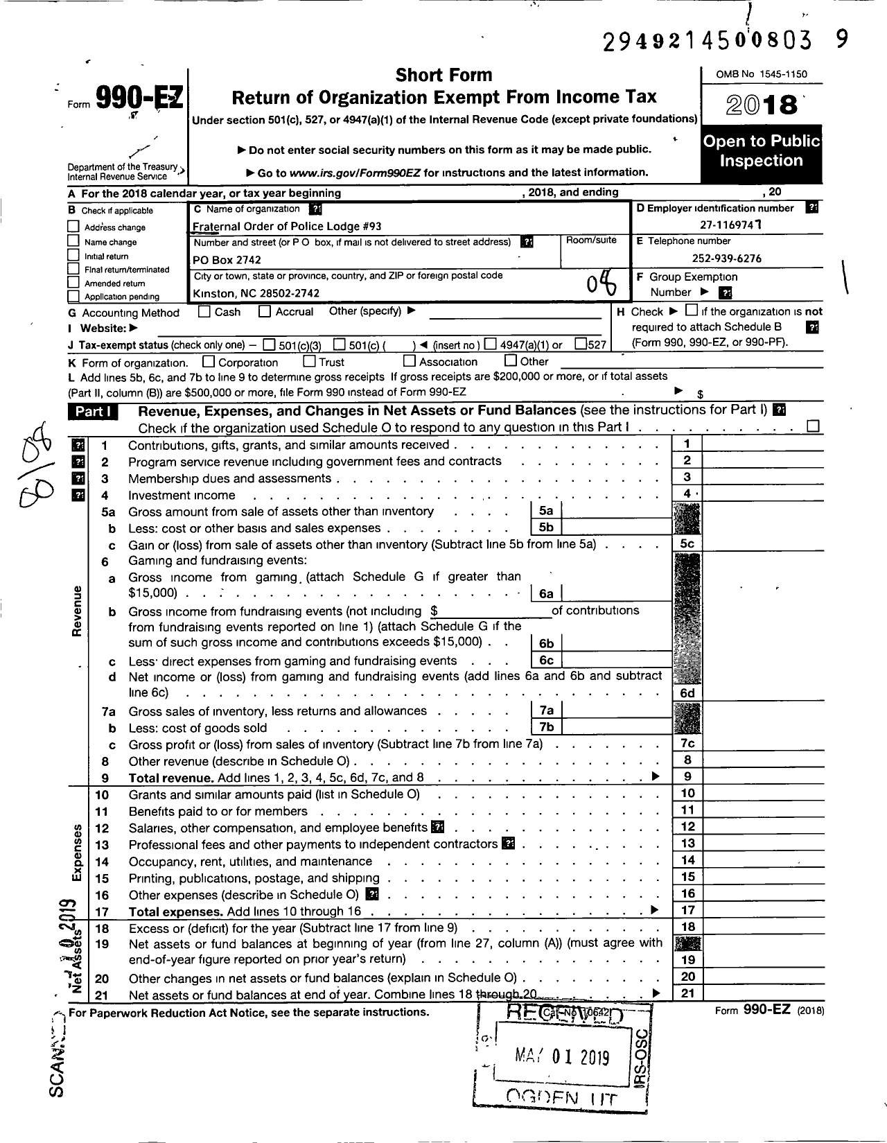 Image of first page of 2018 Form 990EO for Fraternal Order of Police - 93 Lenoir County Fop Lodge