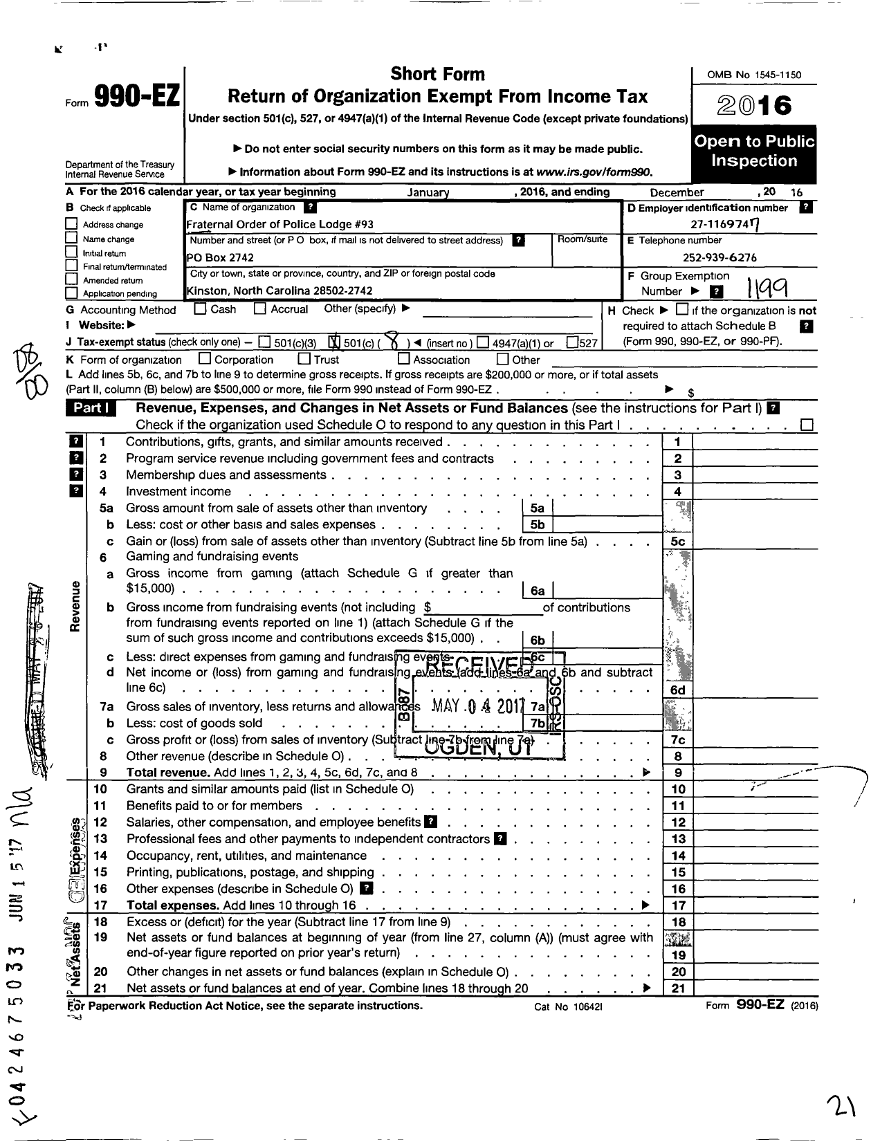 Image of first page of 2016 Form 990EO for Fraternal Order of Police - 93 Lenoir County Fop Lodge