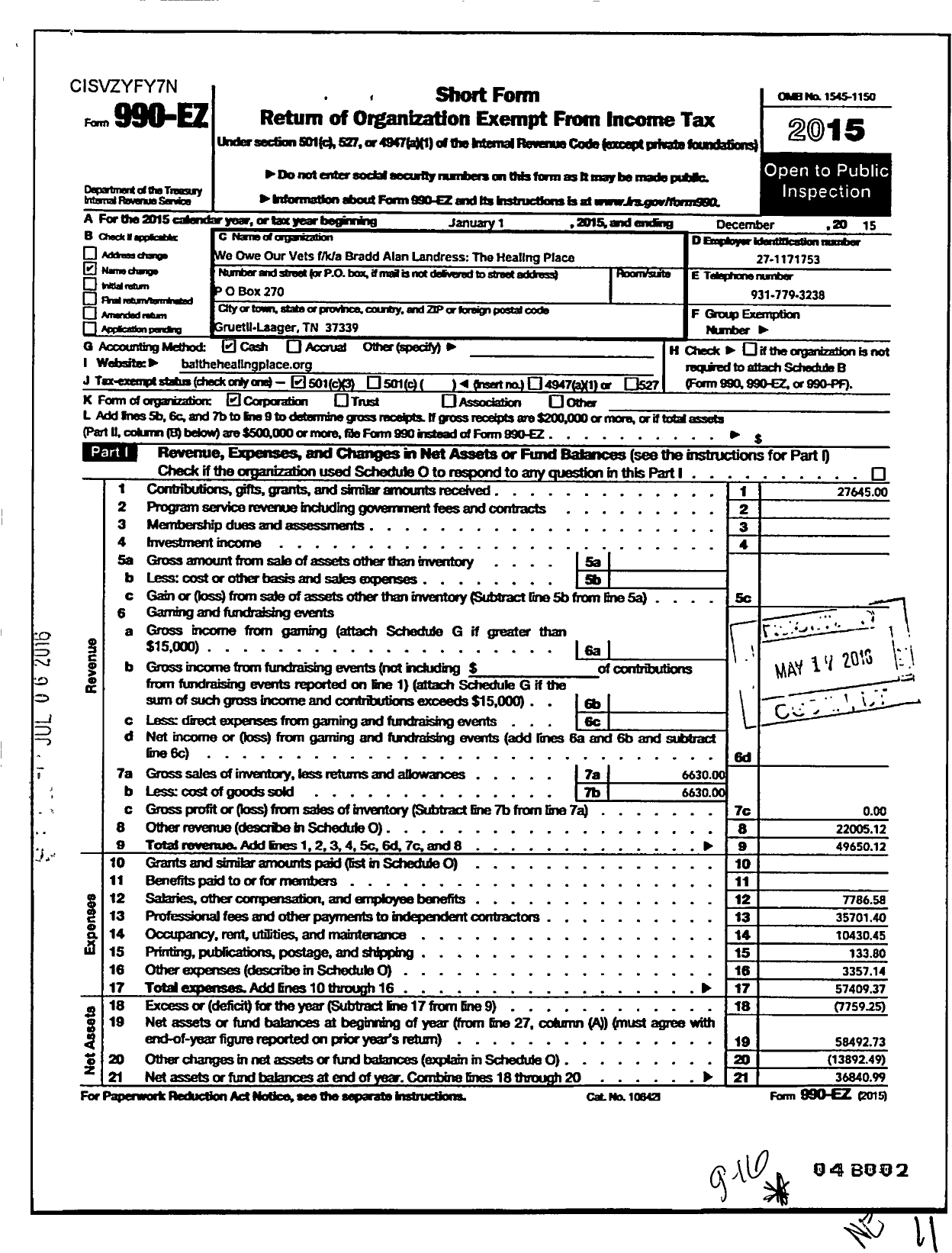 Image of first page of 2015 Form 990EZ for We Owe Our Vets