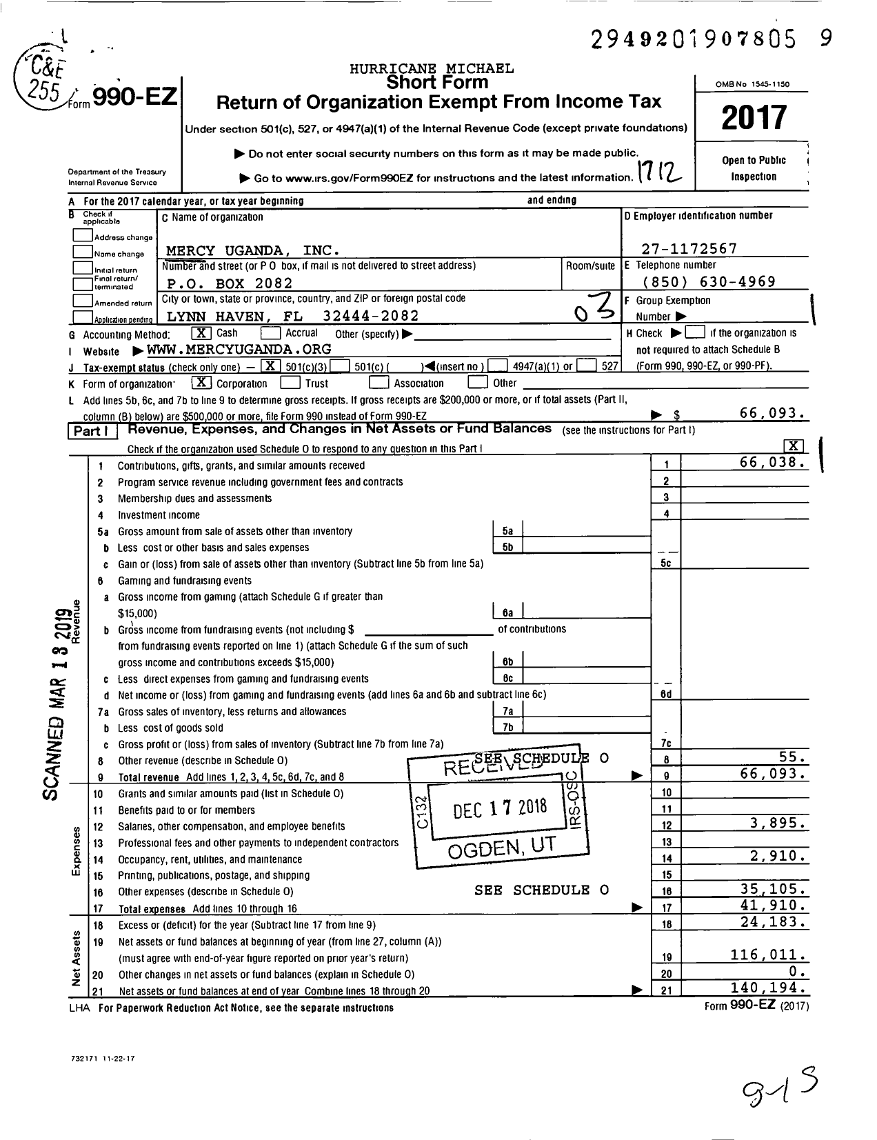 Image of first page of 2017 Form 990EZ for Mercy Uganda