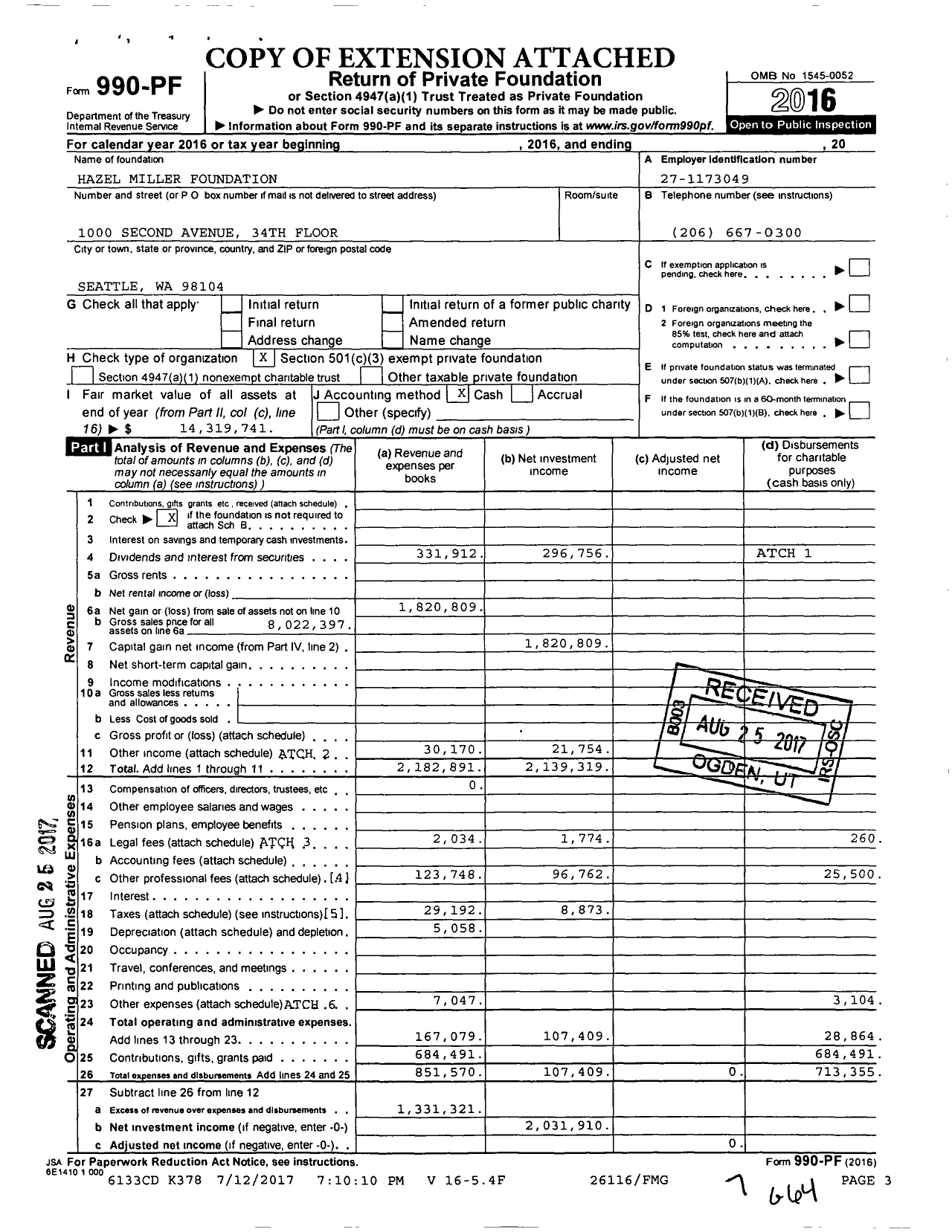 Image of first page of 2016 Form 990PF for Hazel Miller Foundation