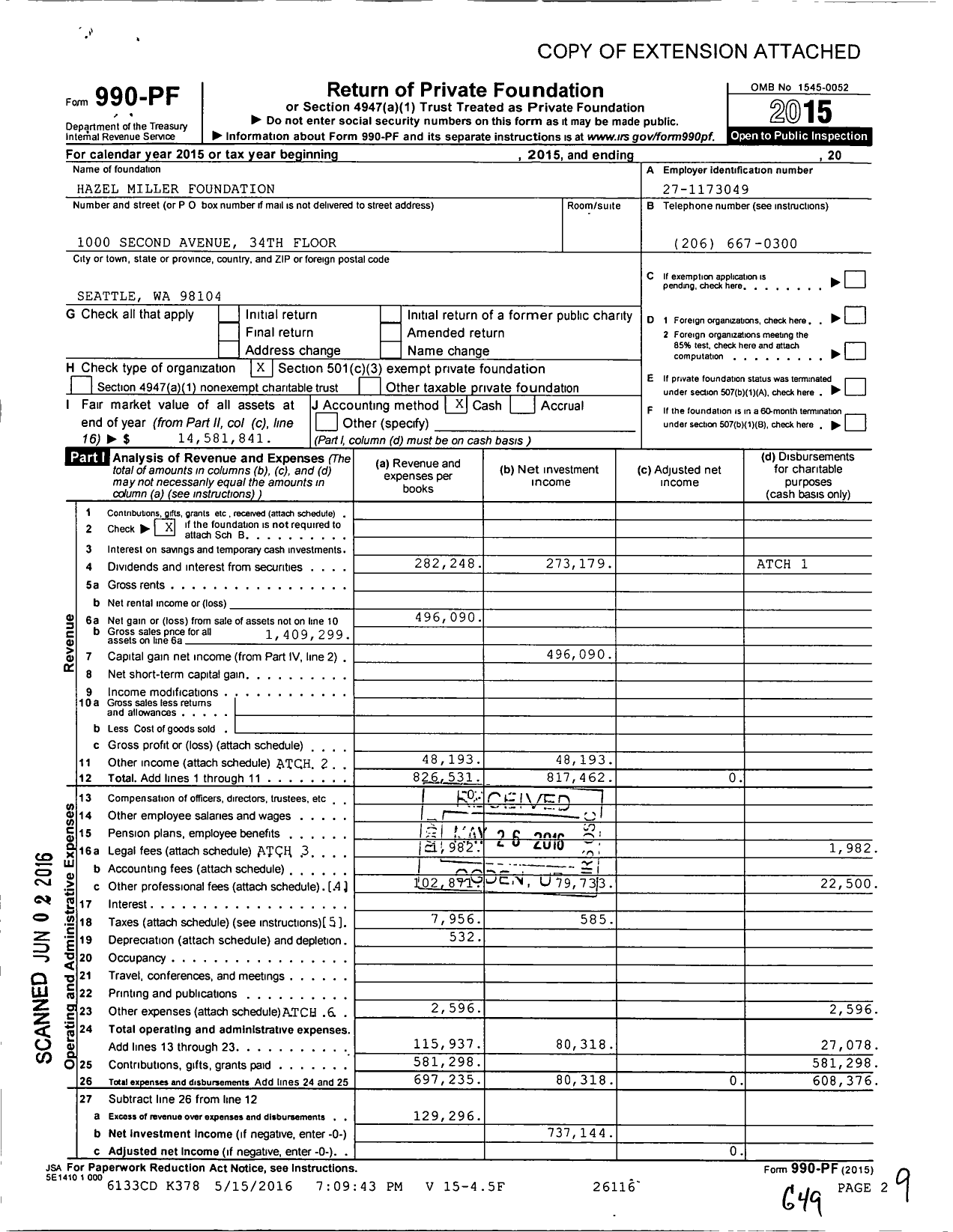 Image of first page of 2015 Form 990PF for Hazel Miller Foundation