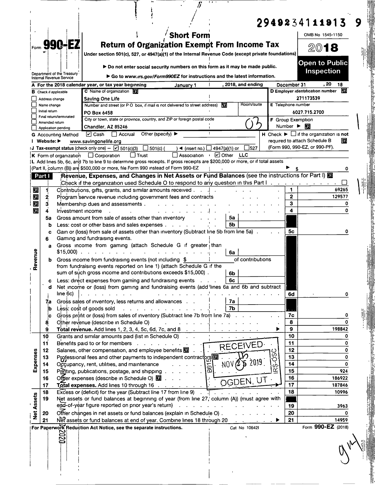 Image of first page of 2018 Form 990EZ for Saving One Life