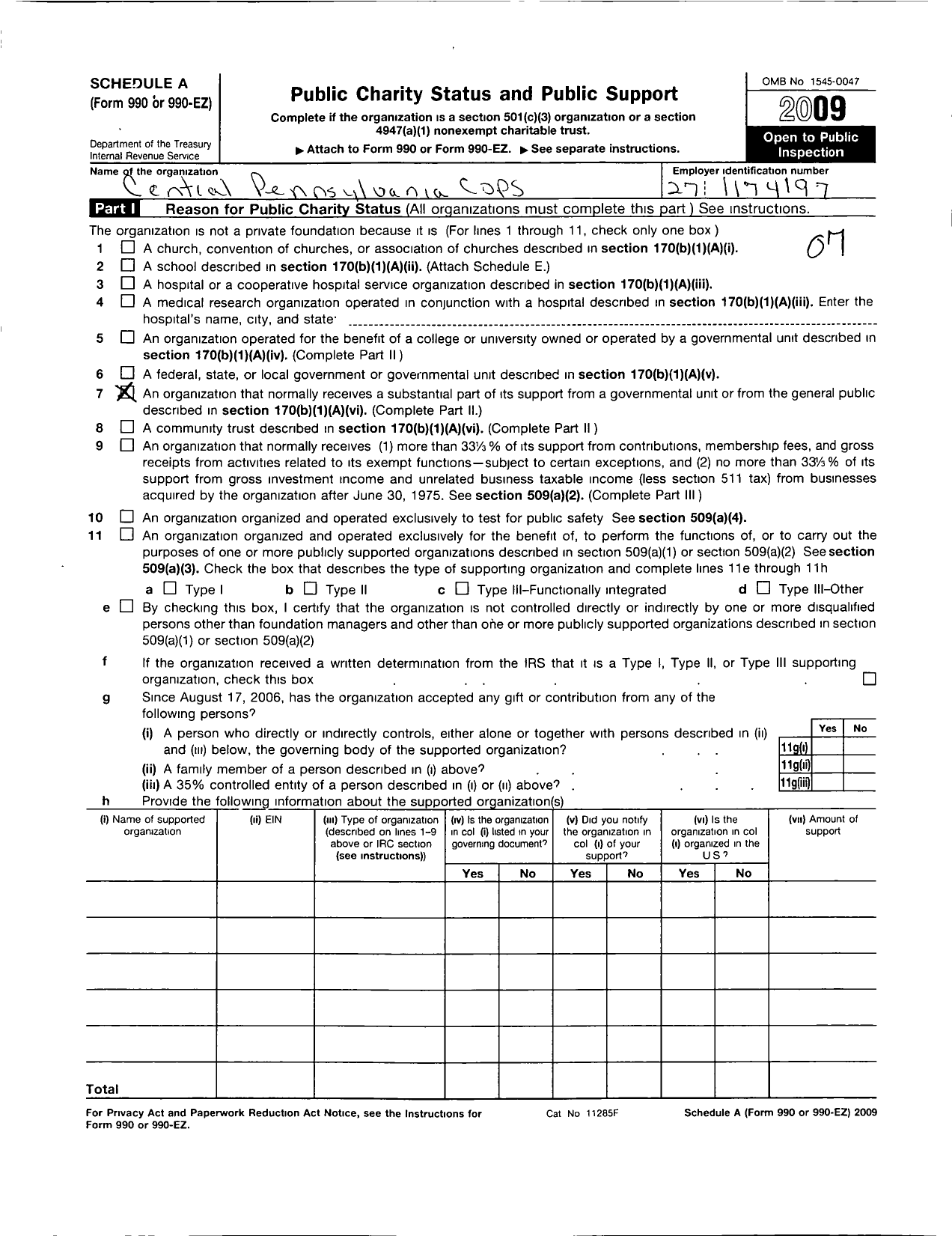 Image of first page of 2009 Form 990ER for Pennsylvania COPS