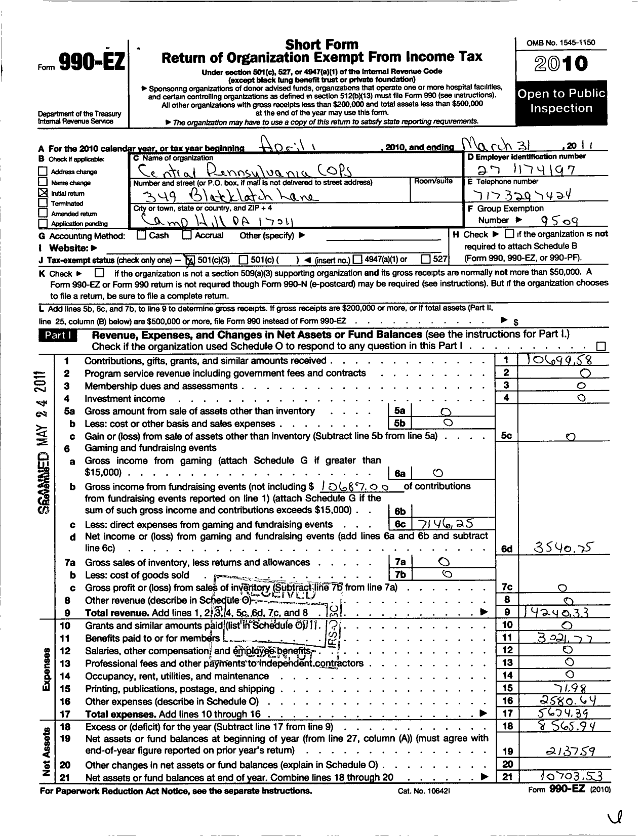 Image of first page of 2010 Form 990EZ for Pennsylvania COPS