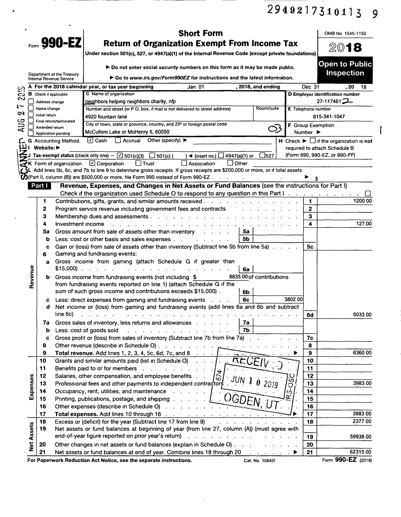 Image of first page of 2018 Form 990EZ for Neighbors Helping Neighbors Charity NFP