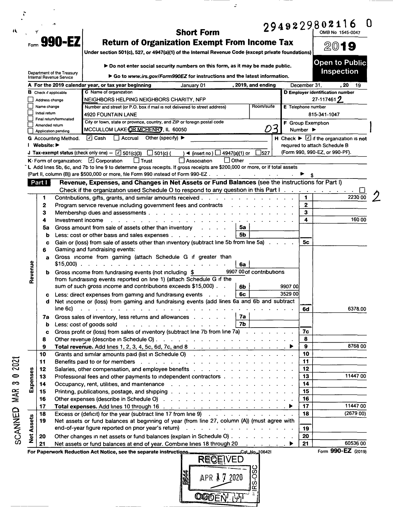 Image of first page of 2019 Form 990EZ for Neighbors Helping Neighbors Charity NFP