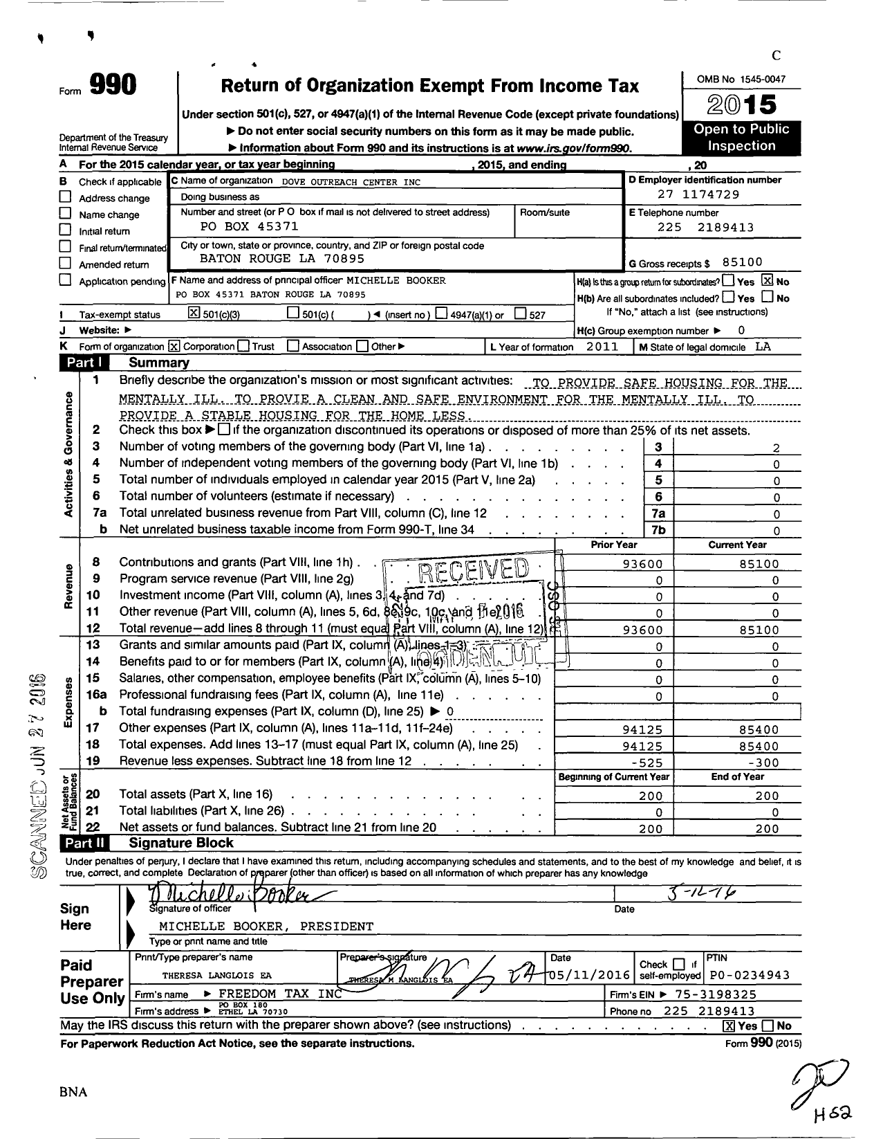 Image of first page of 2015 Form 990 for Dove Outreach Center