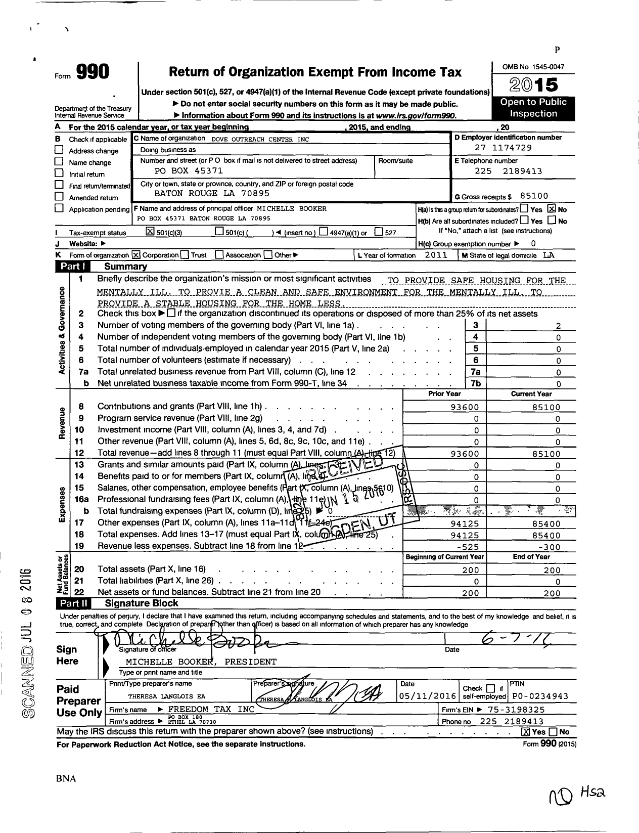 Image of first page of 2015 Form 990 for Dove Outreach Center