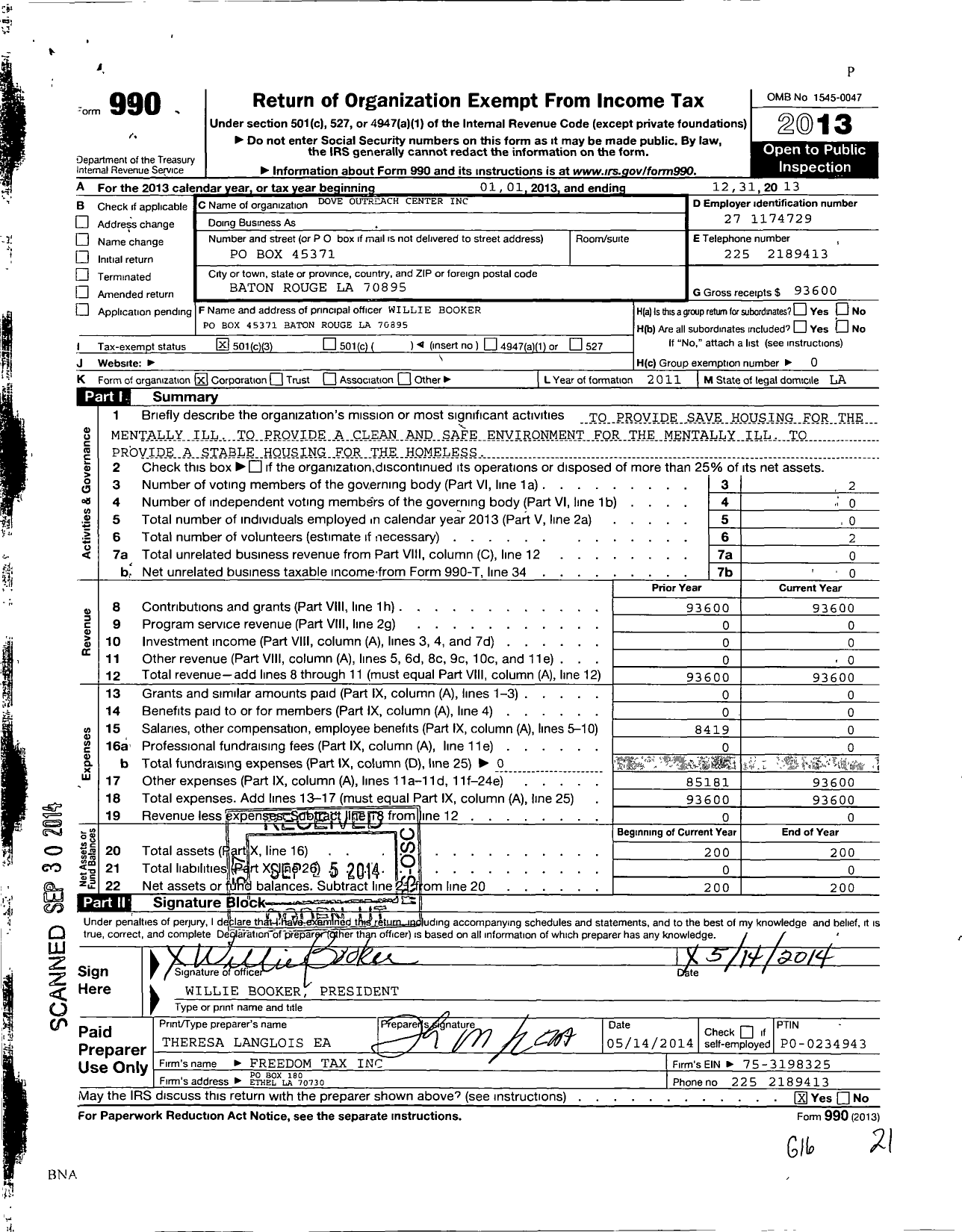 Image of first page of 2013 Form 990 for Dove Outreach Center