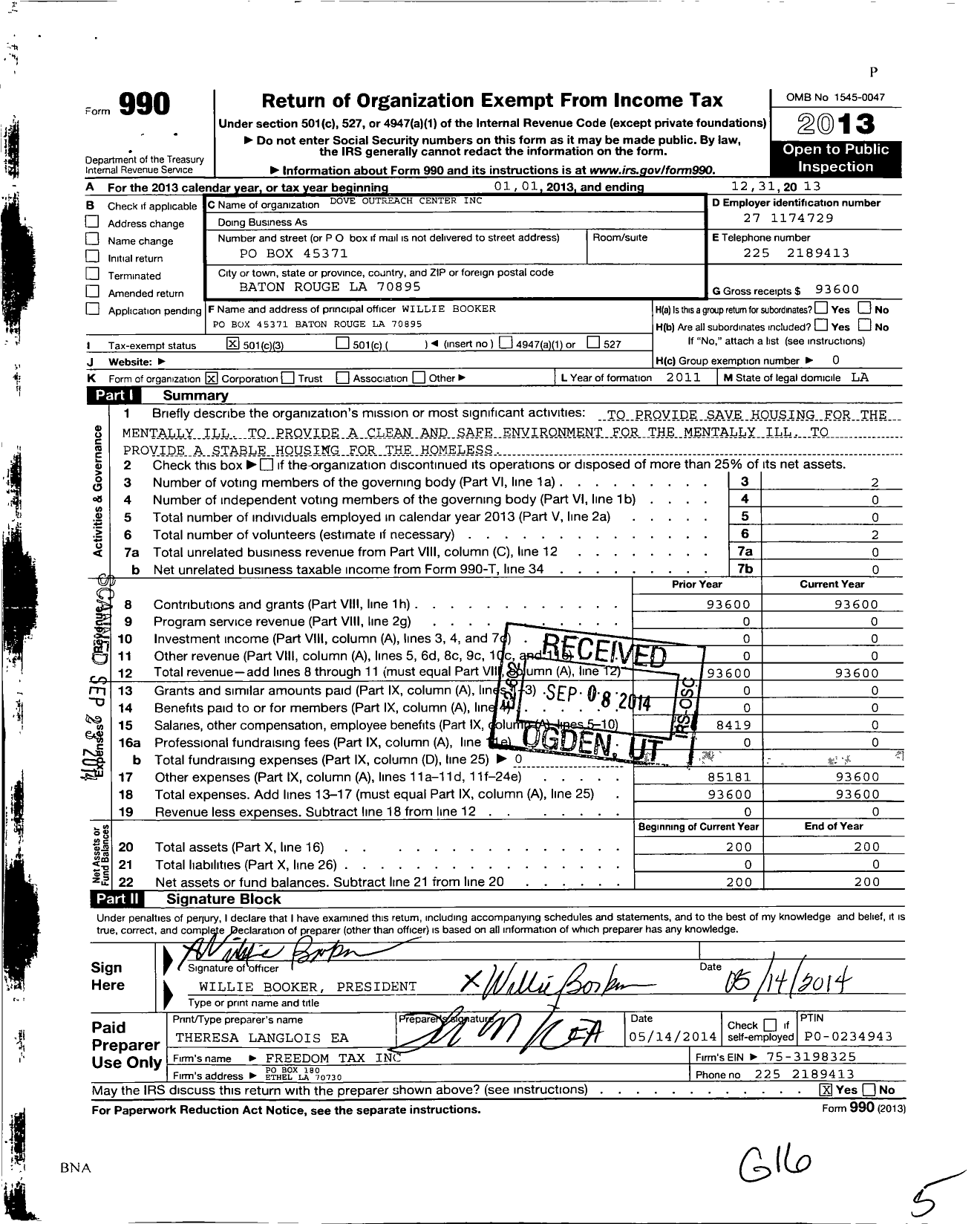 Image of first page of 2013 Form 990 for Dove Outreach Center