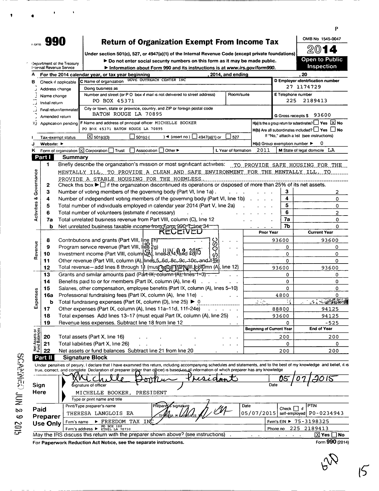 Image of first page of 2014 Form 990 for Dove Outreach Center