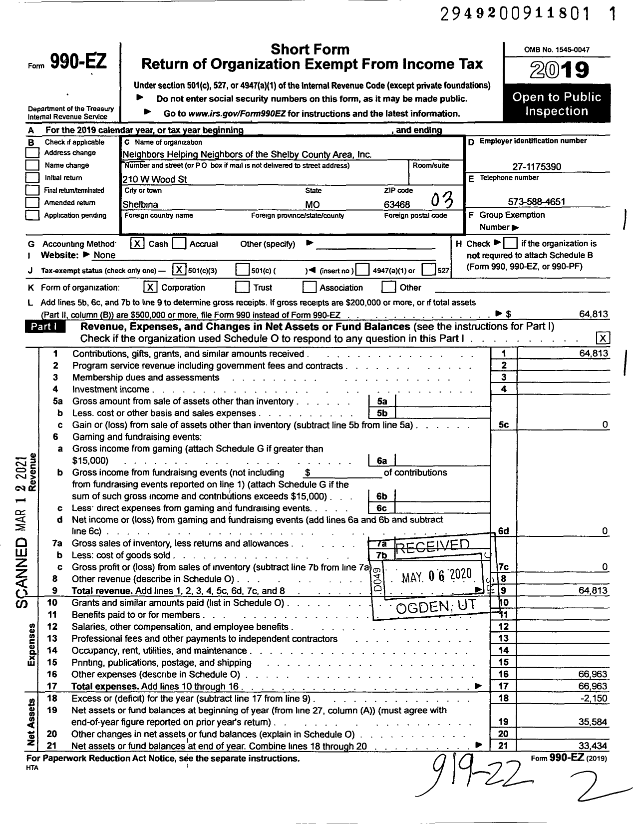 Image of first page of 2019 Form 990EZ for Neighbors Helping Neighbors of the Shelby County