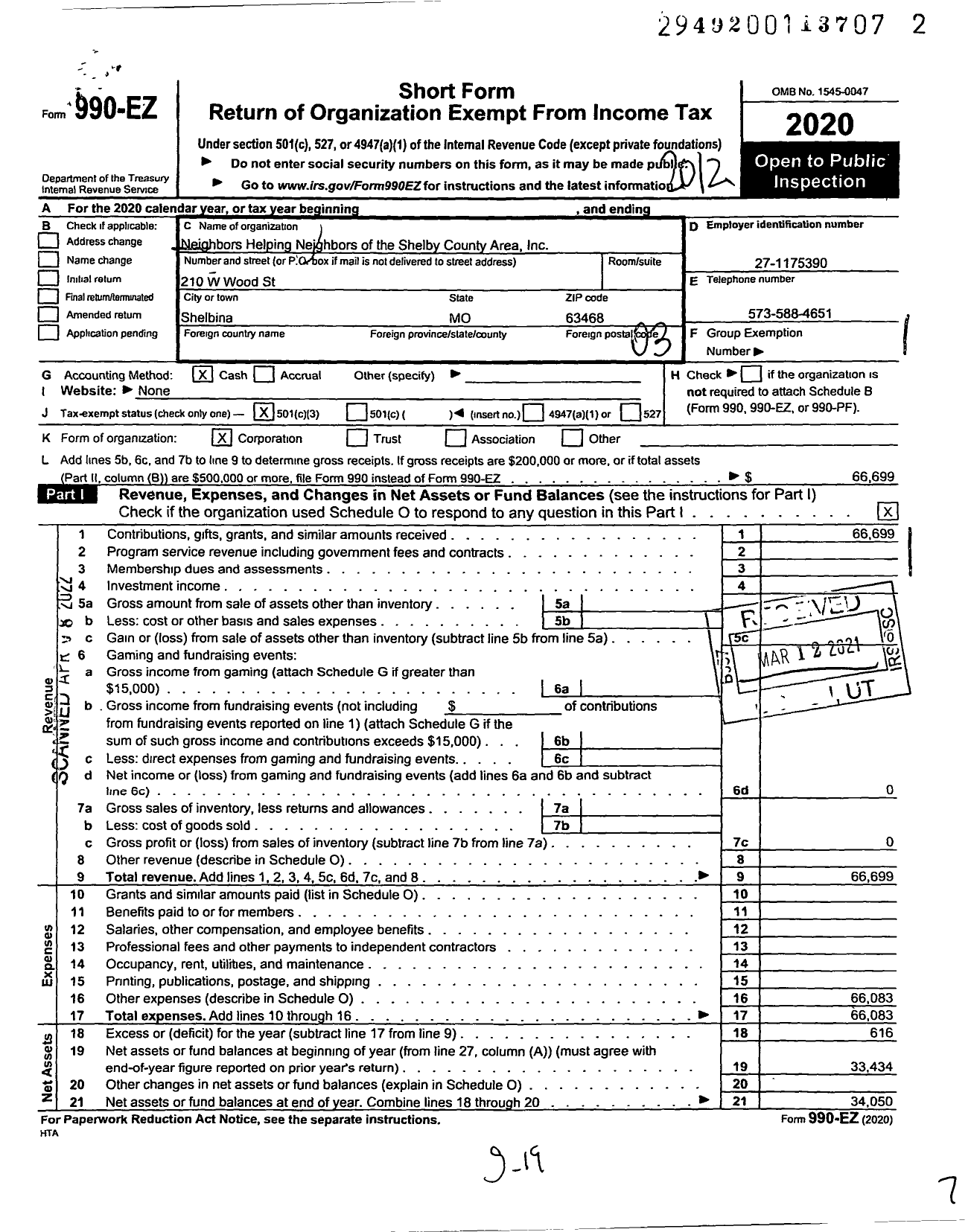 Image of first page of 2020 Form 990EZ for Neighbors Helping Neighbors of the Shelby County