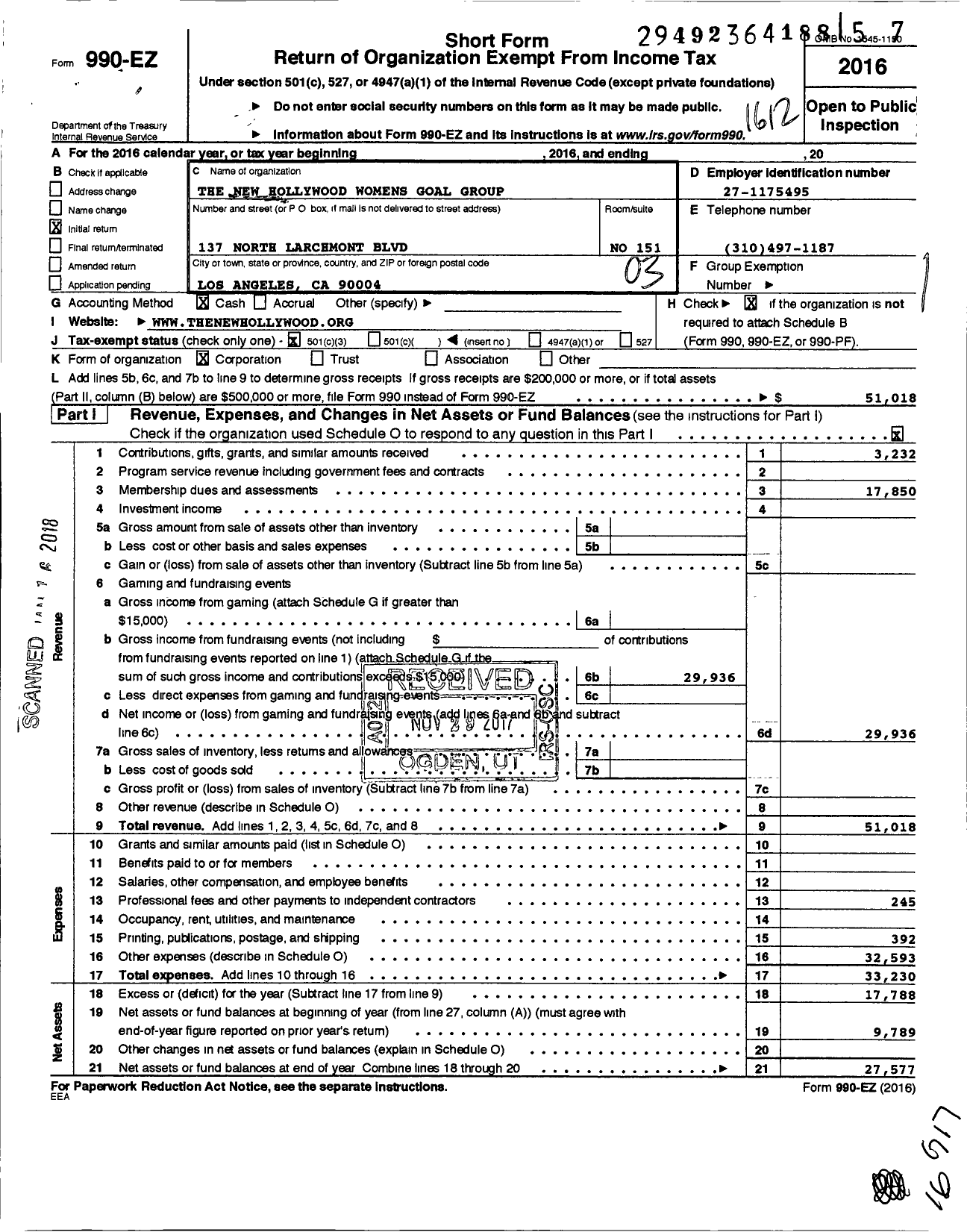 Image of first page of 2016 Form 990EZ for The New Hollywood Womens Goal Group