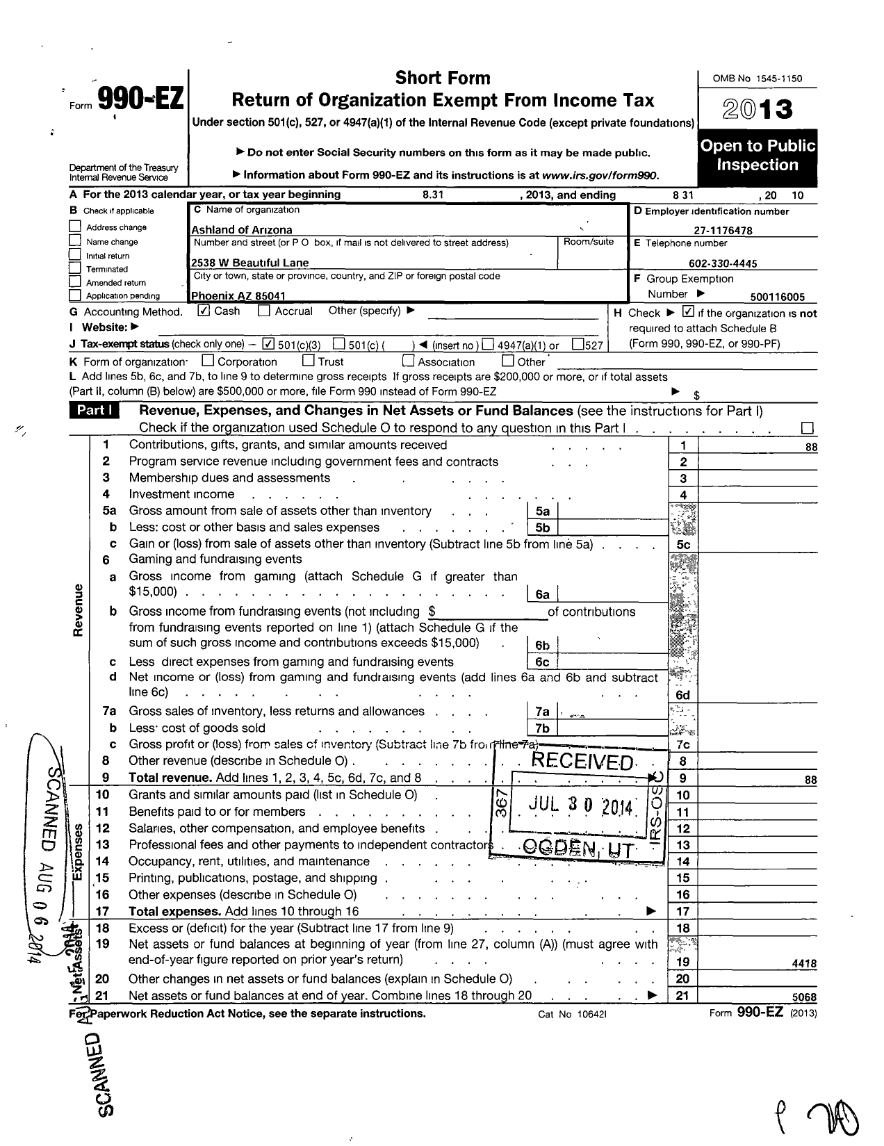 Image of first page of 2009 Form 990EZ for Ashland of Arizona