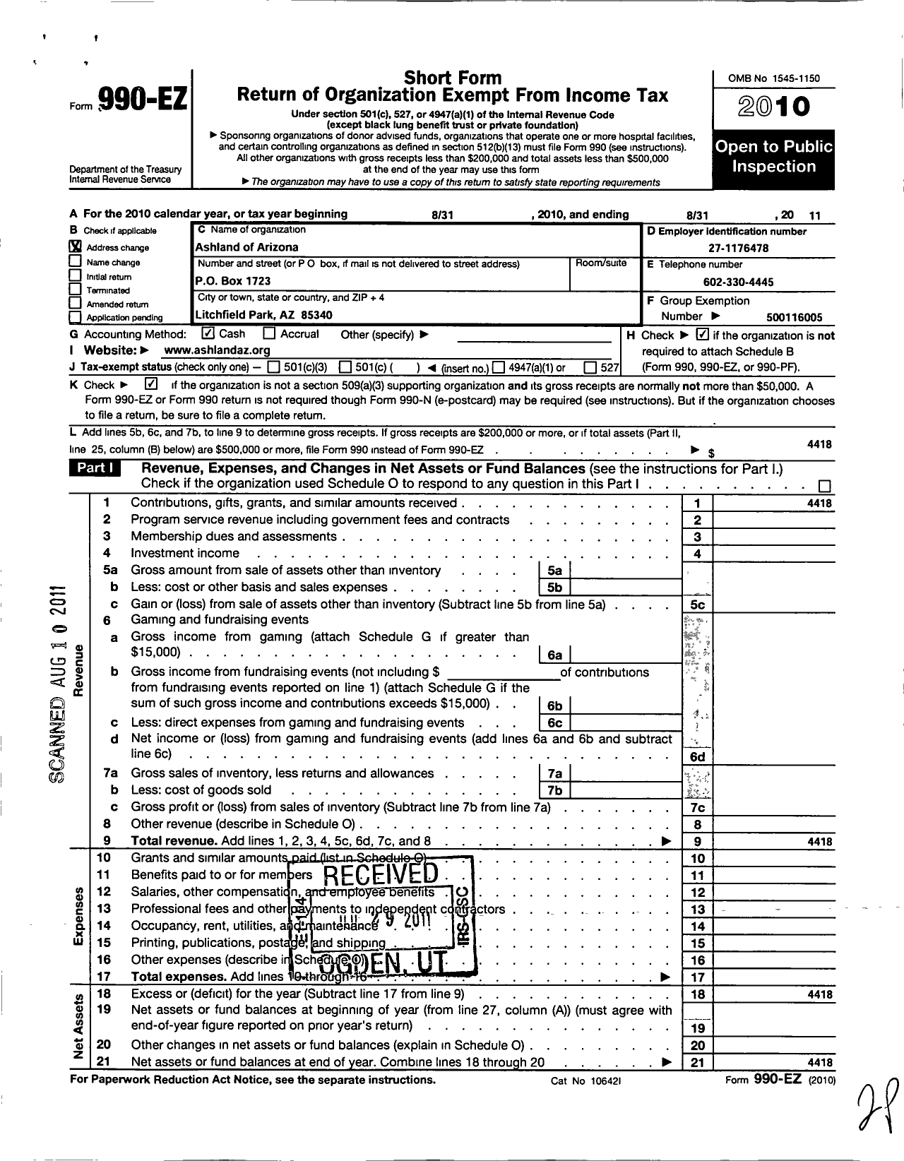 Image of first page of 2010 Form 990EO for Ashland of Arizona