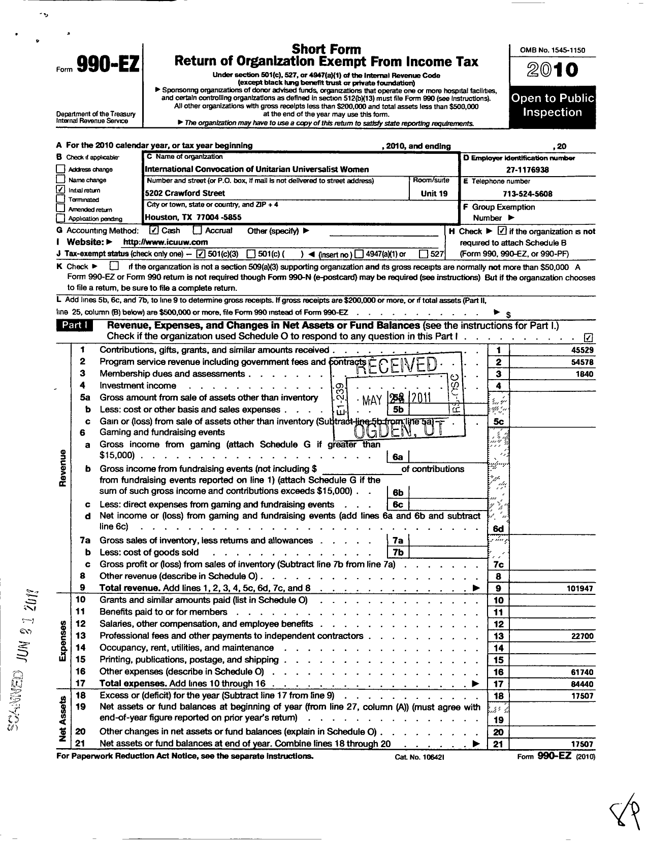 Image of first page of 2010 Form 990EZ for International Convocation of Unitarian Universalist Women