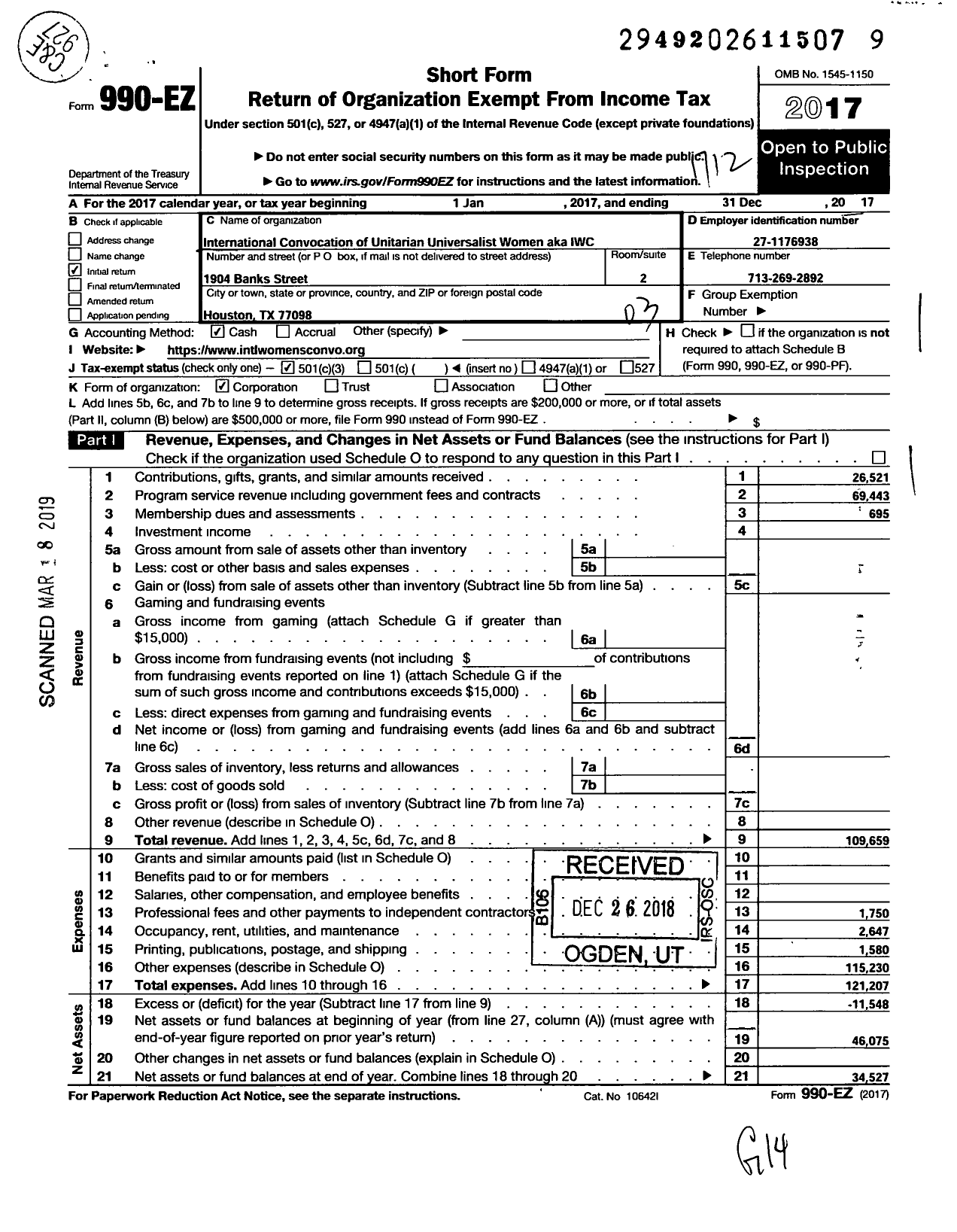 Image of first page of 2017 Form 990EZ for International Convocation of Unitarian Universalist Women