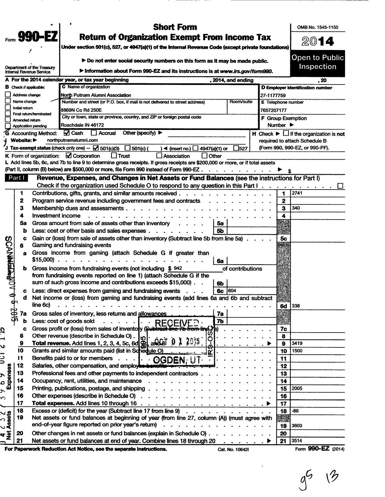 Image of first page of 2014 Form 990EZ for North Putnam Alumni Association