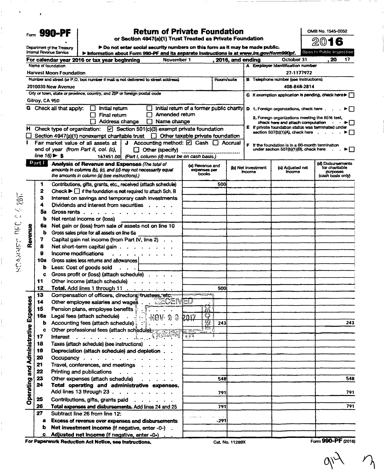 Image of first page of 2016 Form 990PF for Harvest Moon Foundation