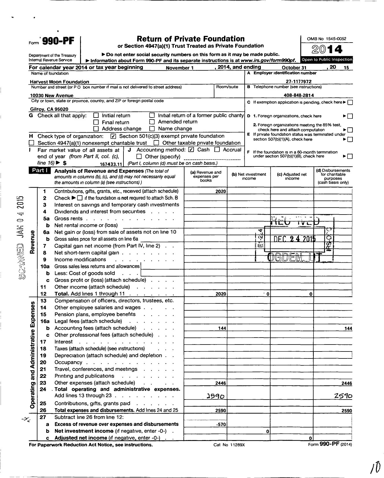 Image of first page of 2014 Form 990PF for Harvest Moon Foundation