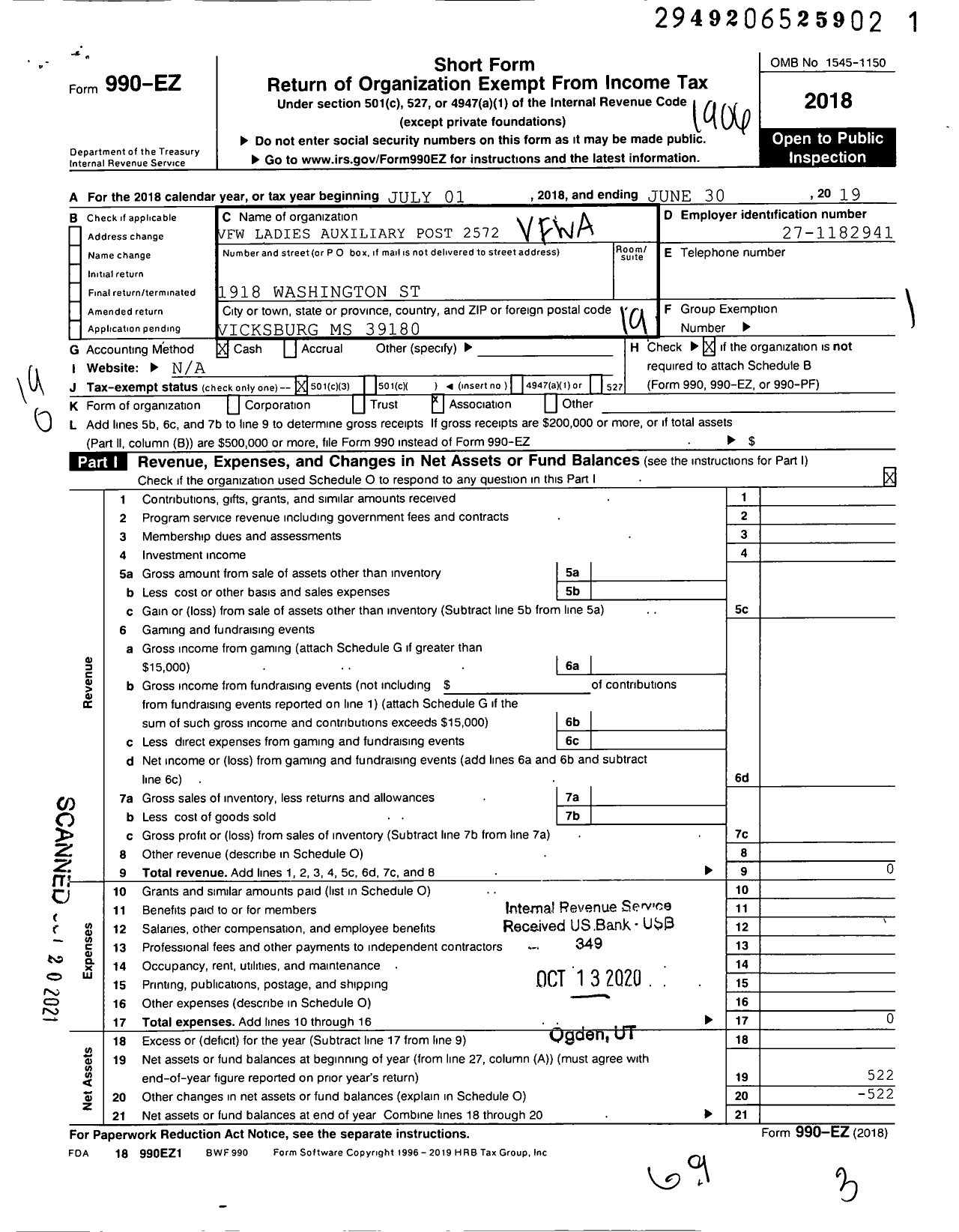 Image of first page of 2018 Form 990EO for VFW Auxiliary Department of Mississippi - 2572 William T Gifford VFW Auxiliary