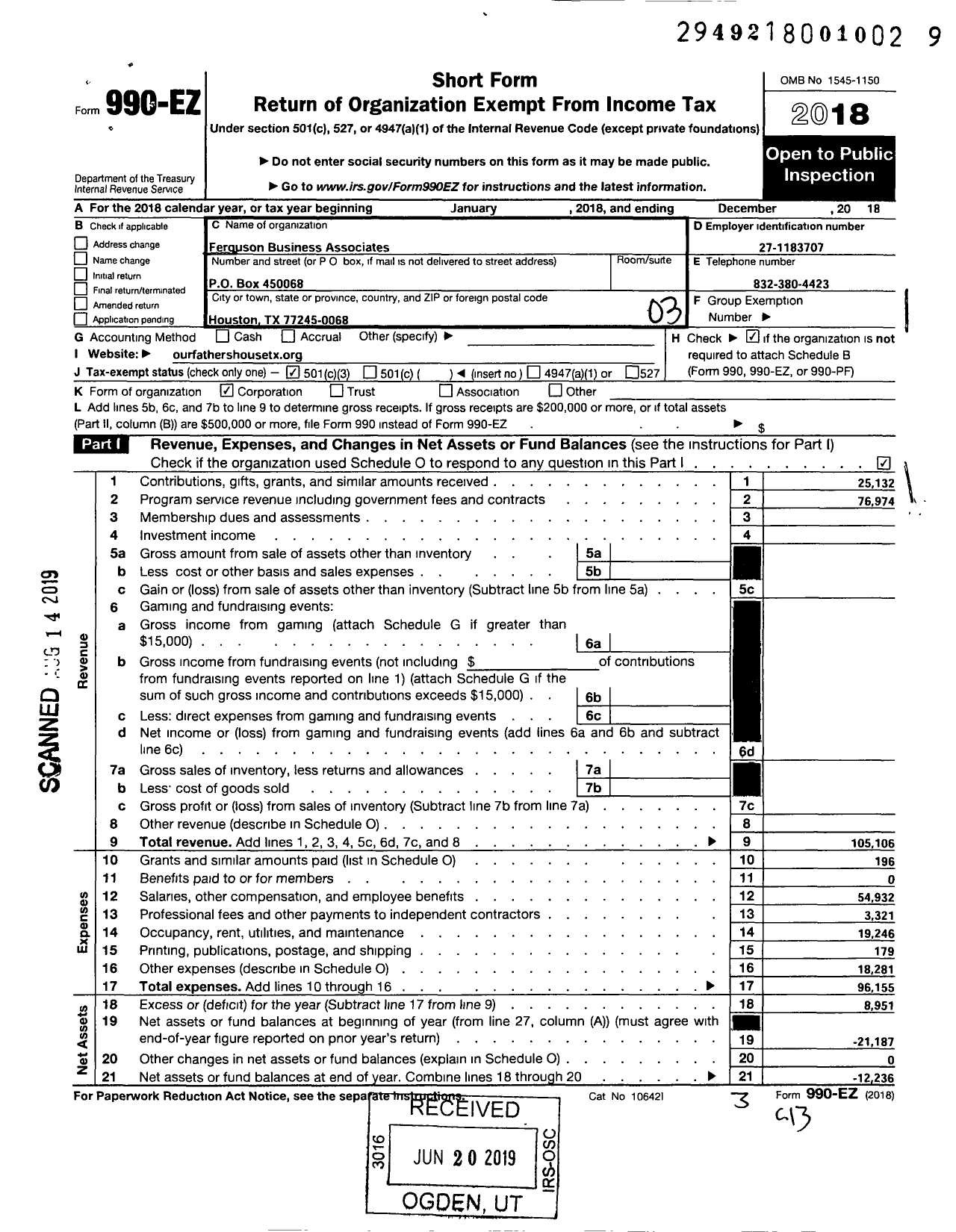 Image of first page of 2018 Form 990EZ for FERGUSON BUSINESS ASSOCIATES Our Father's House